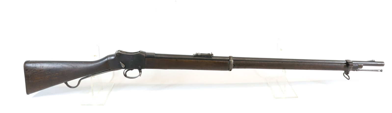 ENFIELD IV MODEL 1887 RIFLE: MARTINI HENRY STYLE, 45 CAL, WITH CATOUCH MARKS ON STOCK, PROOF MARKS ON RECEIVER, 33" BARREL Registration: Terms: ANTIQUE OR BLACK POWDER FIREARM. THERE IS NO REGISTRATION OR FFL TRANSFER REQUIRED