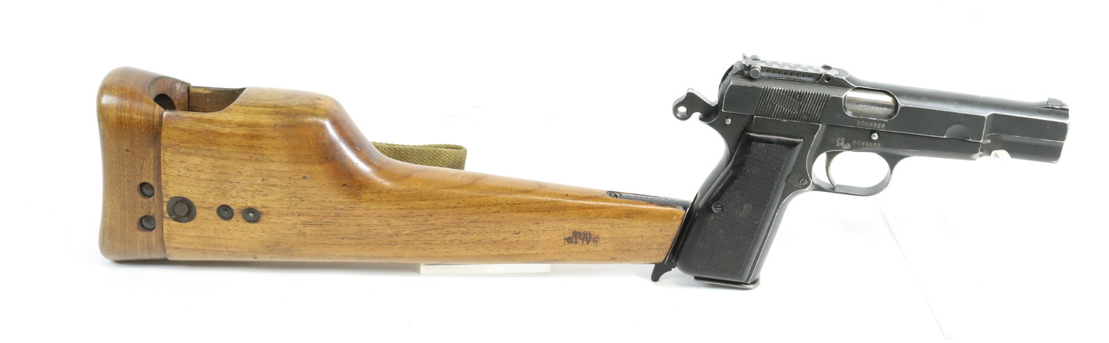 BROWNING MKI INGLIS HIGH POWER, CANADA PISTOL: 9MM, SERIAL# 3CH9925, 5" BARREL, WITH SHOULDER STOCK, TANGENT SIGHT Registration: Terms: THIS GUN REQUIRES REGISTRATION OR AN FFL TRANSFER TO PURCHASE