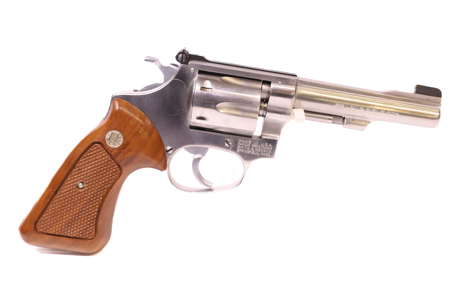 SMITH AND WESSON MODEL 63 DA REVOLVER: .22 LR, SERIAL# SM126007 - 4" BARREL, STAINLESS - THIS GUN REQUIRES REGISTRATION OR AN FFL TRANSFER TO PURCHASE