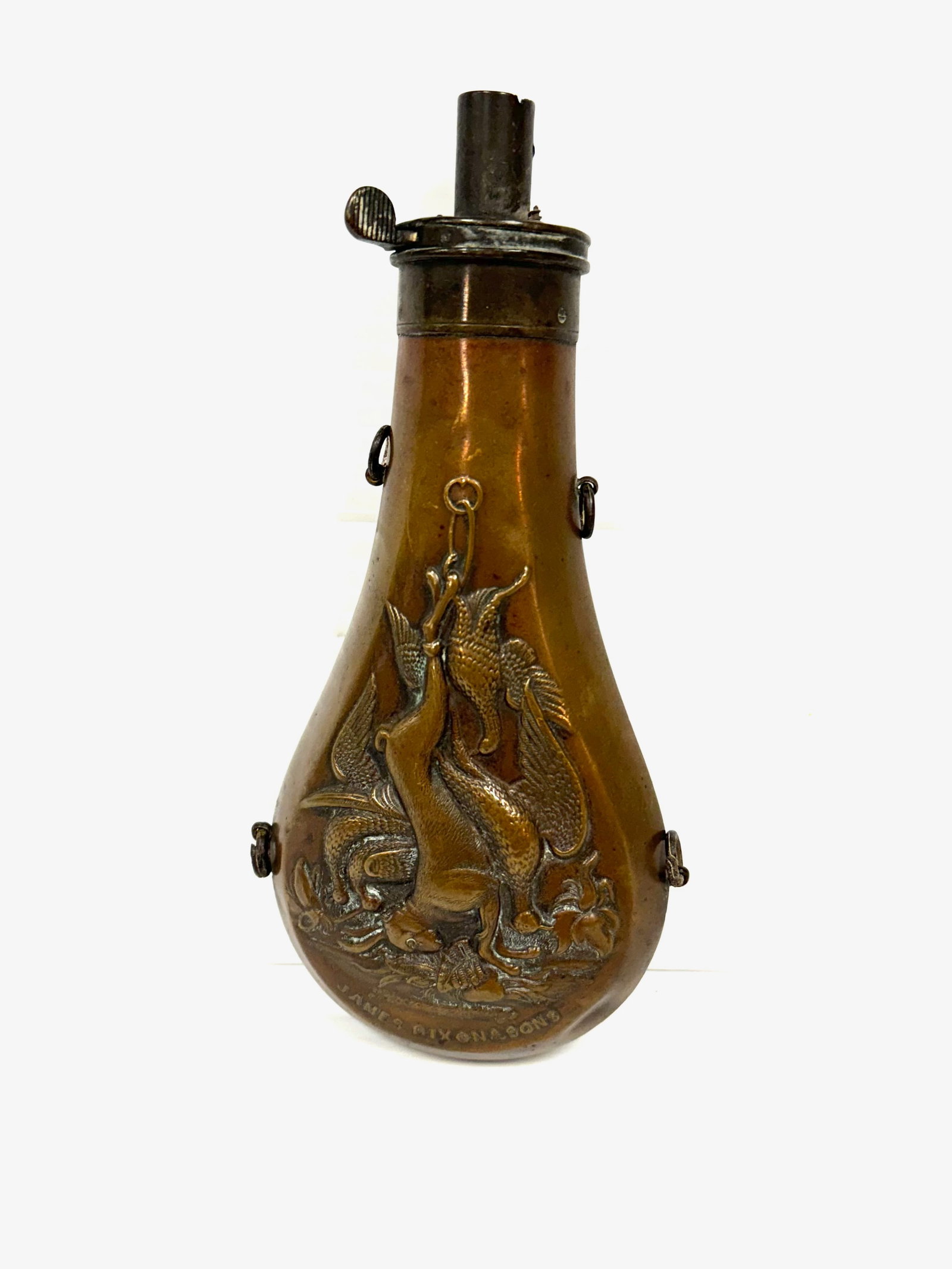 EARLY POWDER FLASK: EMBOSSED FLASK WITH BIRDS, RABBITS, AND MORE - JAMES DIXON AND SONS