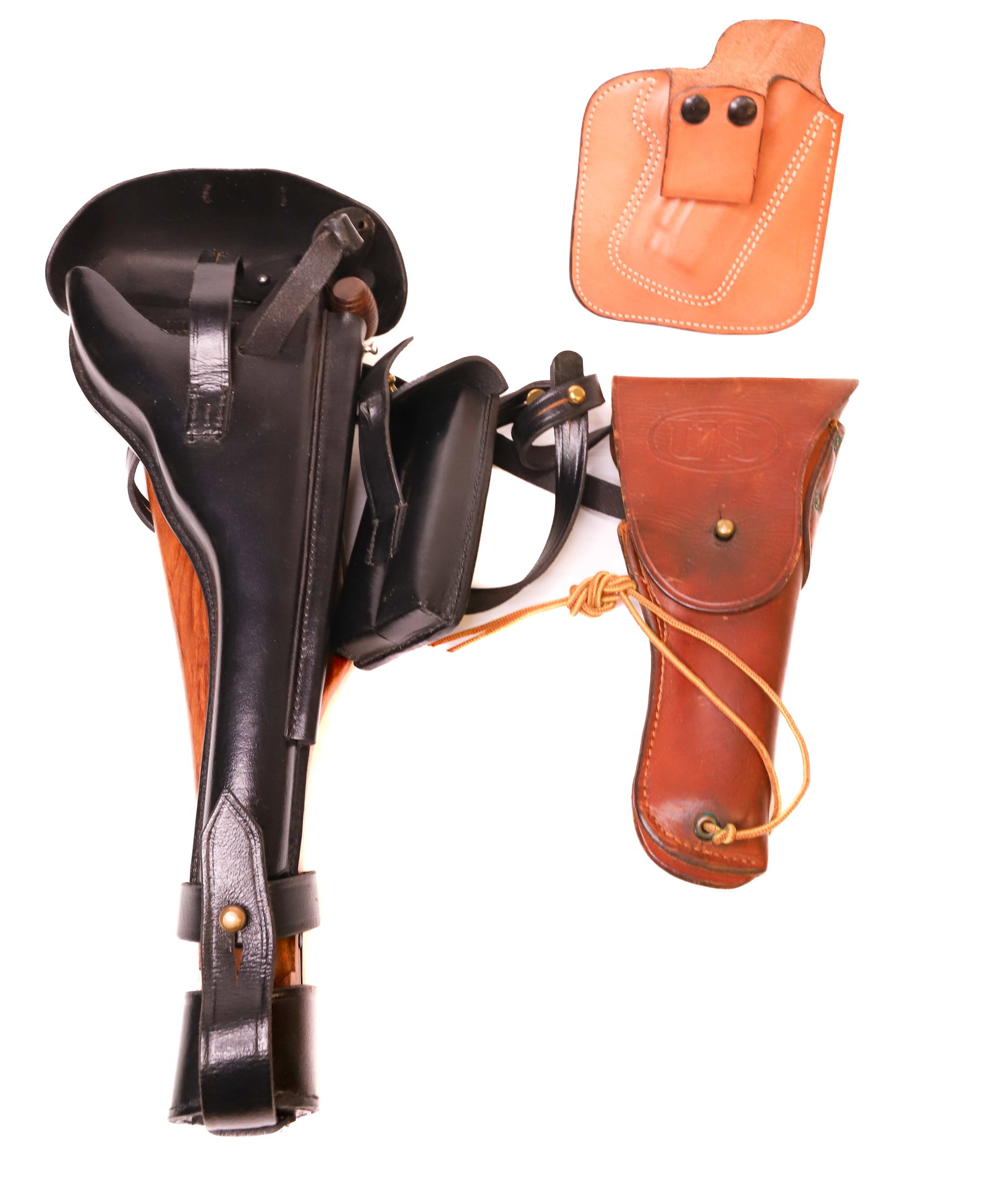 LOT OF HOLSTERS: (3) HOLSTERS INCLUDING; 1911 ORIGINAL HOLSTER EMBOSSED U.S. - COLT REVOLVER HOLSTER - BLACK HOLSTER WITH WOODEN BACK