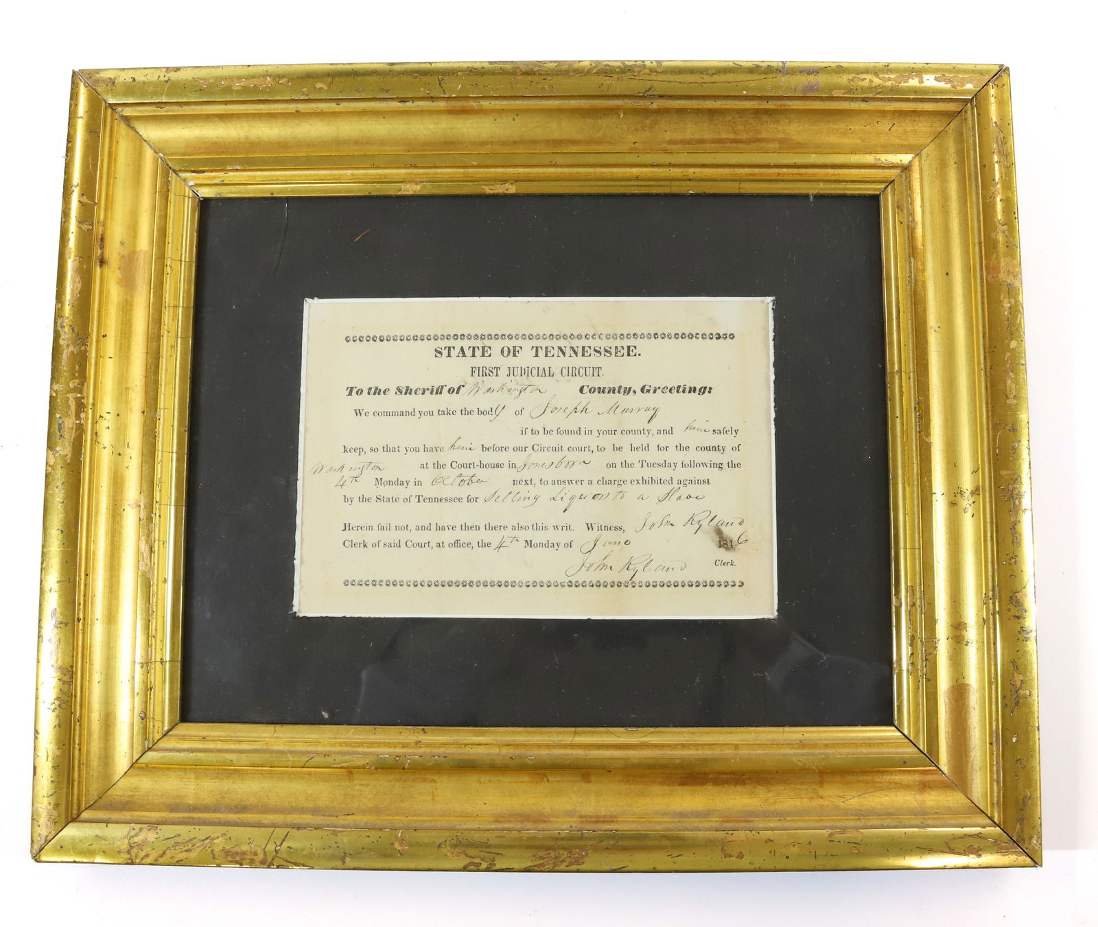 19TH CENTURY STATE OF TENNESSEE WARRANT: TO THE SHERIFF OF WASHINGTON COUNTY... 1846, JOSEPH MURRAY, FOR THE CHARGE OF SELLING LIQUOR TO A SLAVE - 4 3/4 X 7" SIGHT VIEW, 12" X 14 1/2" FRAMED Terms: PLEASE READ CAREFULLY -THIS IS AN ONLINE ON
