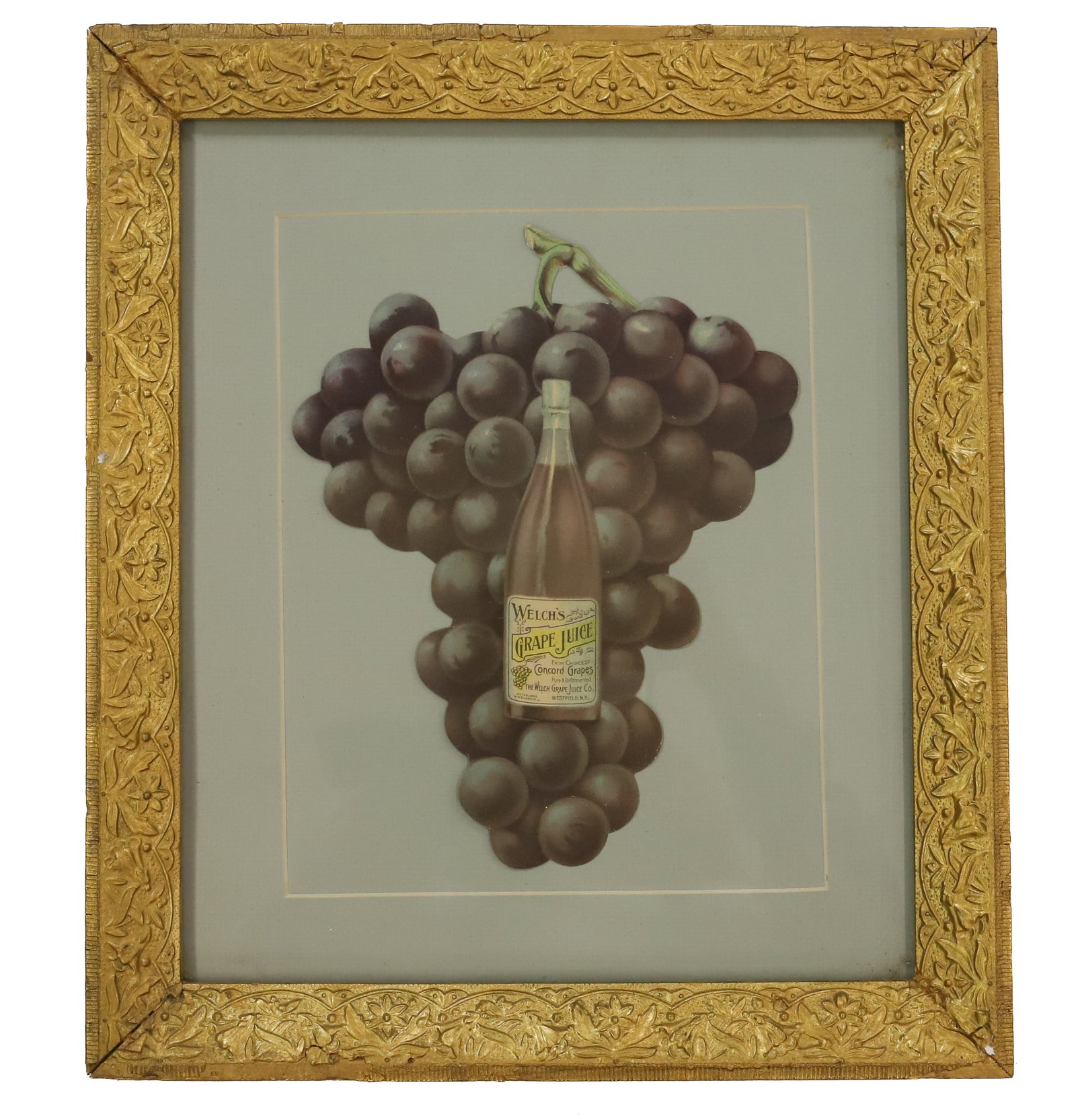 FRAMED WELCH'S GRAPE JUICE ADVERTISEMENT: WELCH'S GRAPE JUICE, WESTFIELD, NEW YORK - MATTED AND FRAMED UNDER GLASS, GRAPES MEASURE 9" L, FRAMED SIZE 14 1/2" X 12 1/2" Terms: PLEASE READ CAREFULLY -THIS IS AN ONLINE ONLY AUCTION WITH ABSENTEE 