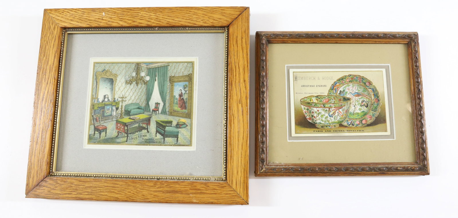 (2) FRAMED ADVERTISING TRADE CARDS: INCLUDING; LINUS FENN FURNITURE, HARTFORD, CT - HUMBURCH & HODGE PARIS AND VIENNA NOVELTIES, DATED 1882, 7" X 8 1/4" AND 9 1/4" 10 1/4" TOTAL SIZE Terms: PLEASE READ CAREFULLY -THIS IS AN ONLINE ONLY 