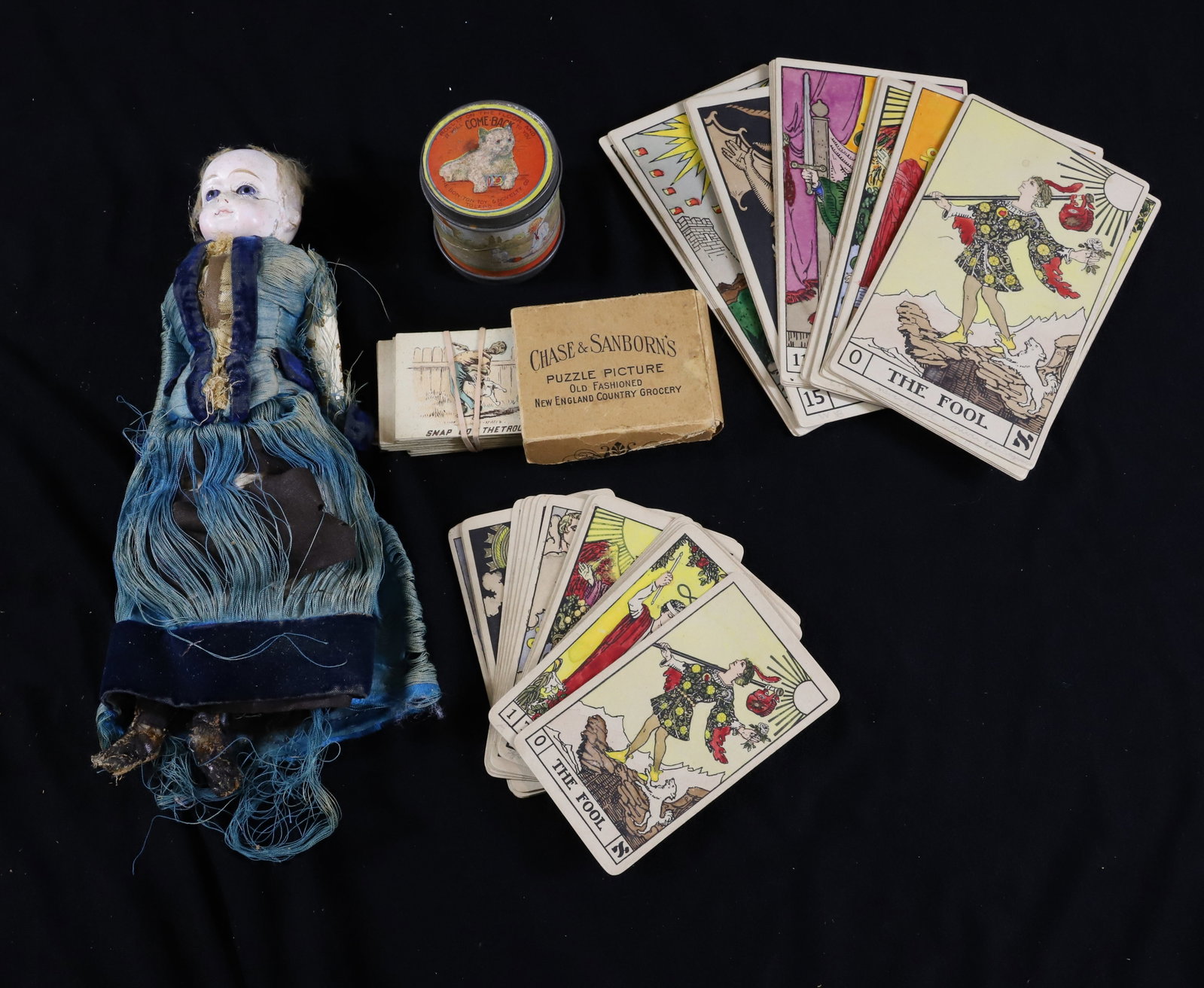 LOT OF ANTIQUE TOYS: INCLUDING: LEATHER BODY DOLL 11" L., "COME BACK " BALL IN TIN, CHASE & SANBORN'S PUZZLE PICTURE AND MORE. Terms: PLEASE READ CAREFULLY -THIS IS AN ONLINE ONLY AUCTION WITH ABSENTEE AND PHONE BIDDING A