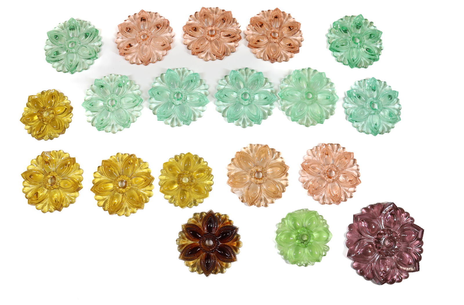 COLOR PRESSED GLASS TIEBACKS: (19) LIGHT PINK, LIGHT GREEN, AMBER, AMETHYST 2 3/4"D,3 1/4"D, 3 1/2",4" Terms: PLEASE READ CAREFULLY -THIS IS AN ONLINE ONLY AUCTION WITH ABSENTEE AND PHONE BIDDING AS WELL. Terms for Purchasing and