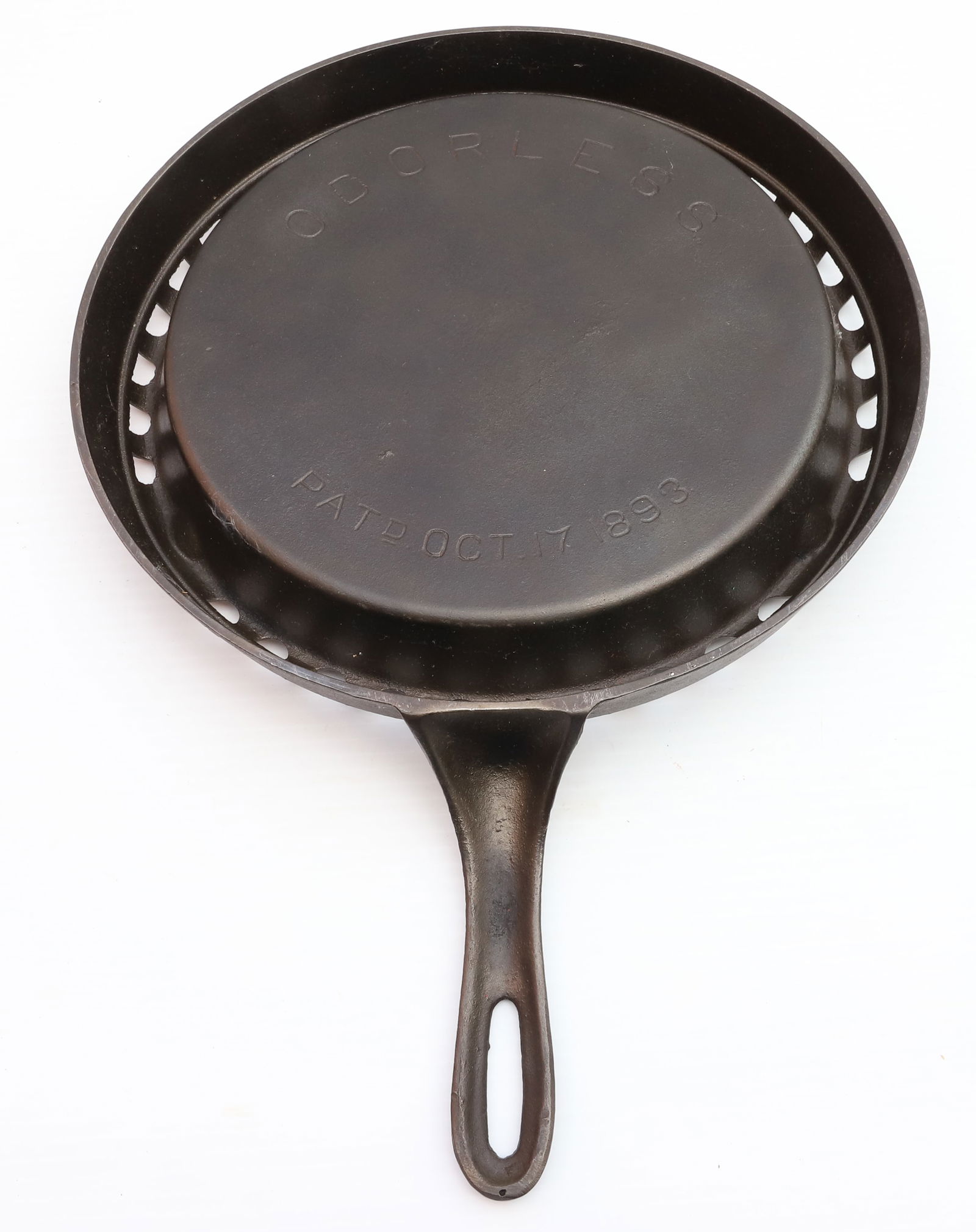 ODORLESS CAST IRON SKILLET: PATD OCT 17, 1893 - PRE GRISWOLD - 11" D Terms: PLEASE READ CAREFULLY -THIS IS AN ONLINE ONLY AUCTION. Terms for Purchasing and Shipping of Auction Items. Please read carefully before bidding. All pay