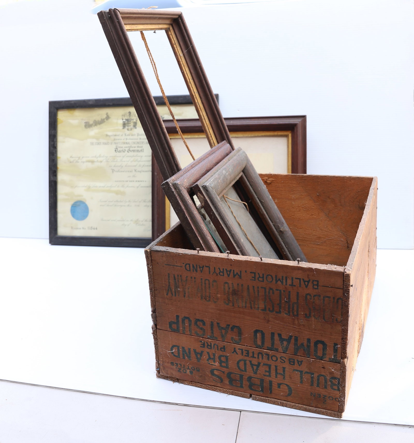 ADVERTISING CRATE AND FRAMES: GIBBS BULL HEAD BRAND CATSUP - WITH DAR CERTIFICATE, VARIOUS FRAMES Terms: PLEASE READ CAREFULLY -THIS IS AN ONLINE ONLY AUCTION. Terms for Purchasing and Shipping of Auction Items. Please read carefu