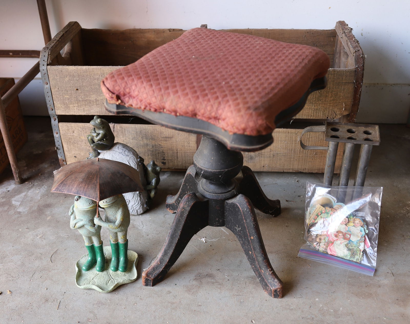WOODEN CRATE, PIANO STOOL, AND GARDEN ITEMS: PICK UP ONLY - CRATE 33" L - ALSO WITH TRADE CARDS AND CANDLE MOLD Terms: PLEASE READ CAREFULLY -THIS IS AN ONLINE ONLY AUCTION. Terms for Purchasing and Shipping of Auction Items. Please read careful