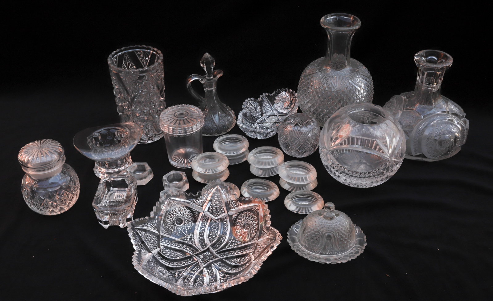 LARGE LOT OF PRESSED GLASS: INCLUDING; SALTS, CRUETS, ROSE BOWL, DECANTER, AND MORE - DECANTER MEASURES 8 1/2" Terms: PLEASE READ CAREFULLY -THIS IS AN ONLINE ONLY AUCTION. Terms for Purchasing and Shipping of Auction Items. Ple