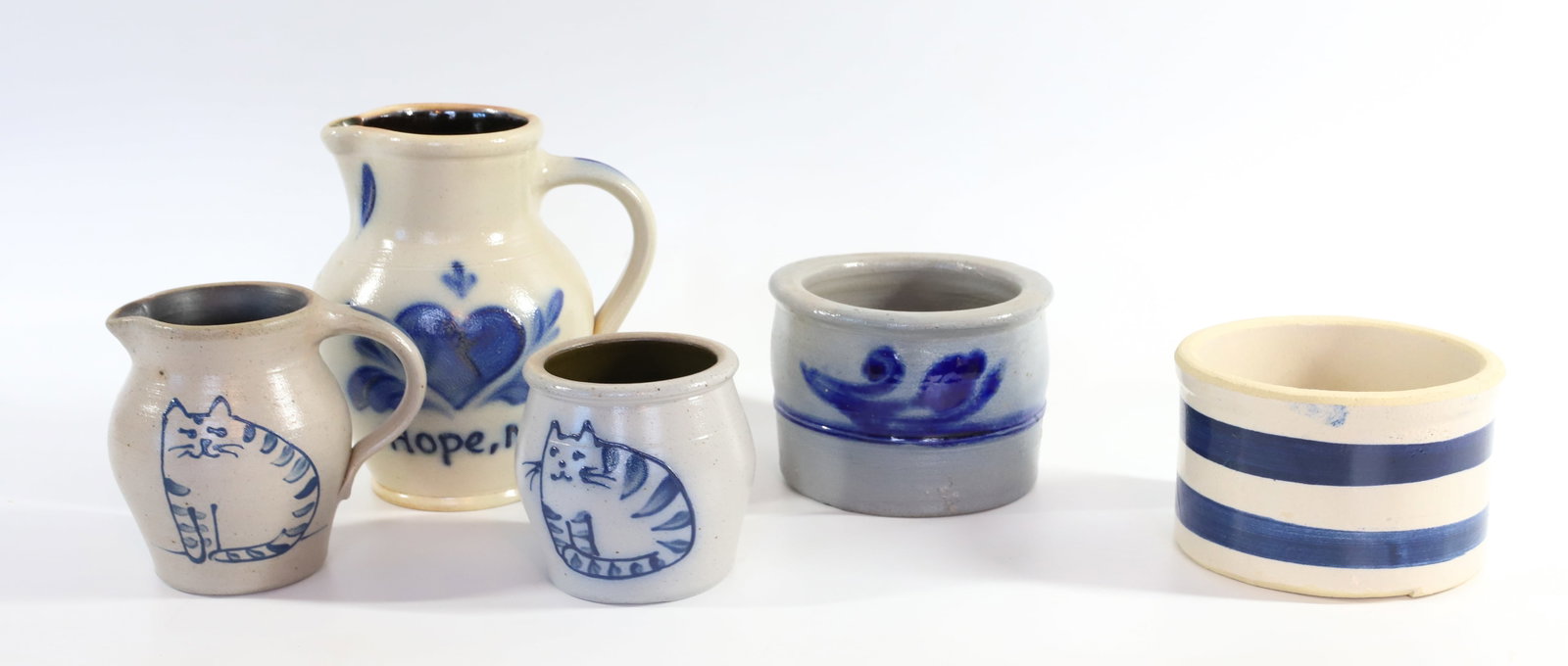 LOT OF CONTEMPORARY STONEWARE: INCLUDING; (2) PITCHERS AND (3) CROCKS - TALLEST " H (MARKED; HOPE, NJ) Terms: PLEASE READ CAREFULLY -THIS IS AN ONLINE ONLY AUCTION. Terms for Purchasing and Shipping of Auction Items. Please read ca