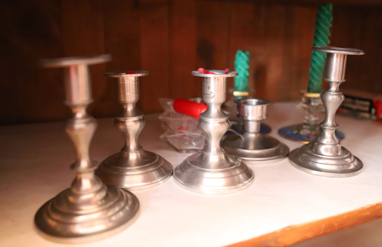 SHELF LOT: INCLUDING; PEWTER CANDLESTICKS, GLASS CANDLESTICKS, VARIETY OF CHURCH PAMPHLETS, AND MORE Terms: PLEASE READ CAREFULLY -THIS IS AN ONLINE ONLY AUCTION. Terms for Purchasing and Shipping of Auction Ite