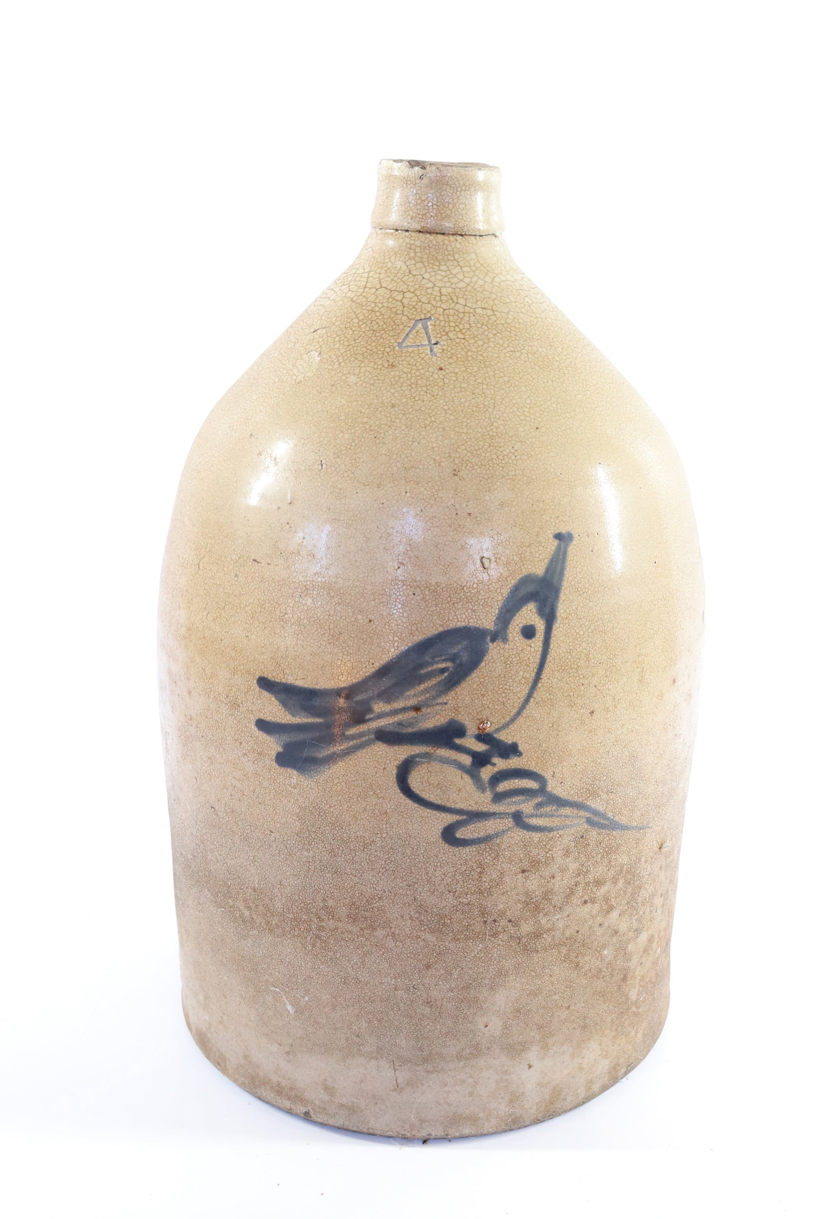 BLUE DECORATED STONEWARE JUG: BLUE BIRD ON FRONT, IMPRESSED #4, 17 1/4" H Terms: PLEASE READ CAREFULLY -THIS IS AN ONLINE ONLY AUCTION. Terms for Purchasing and Shipping of Auction Items. Please read carefully before bidding. All 