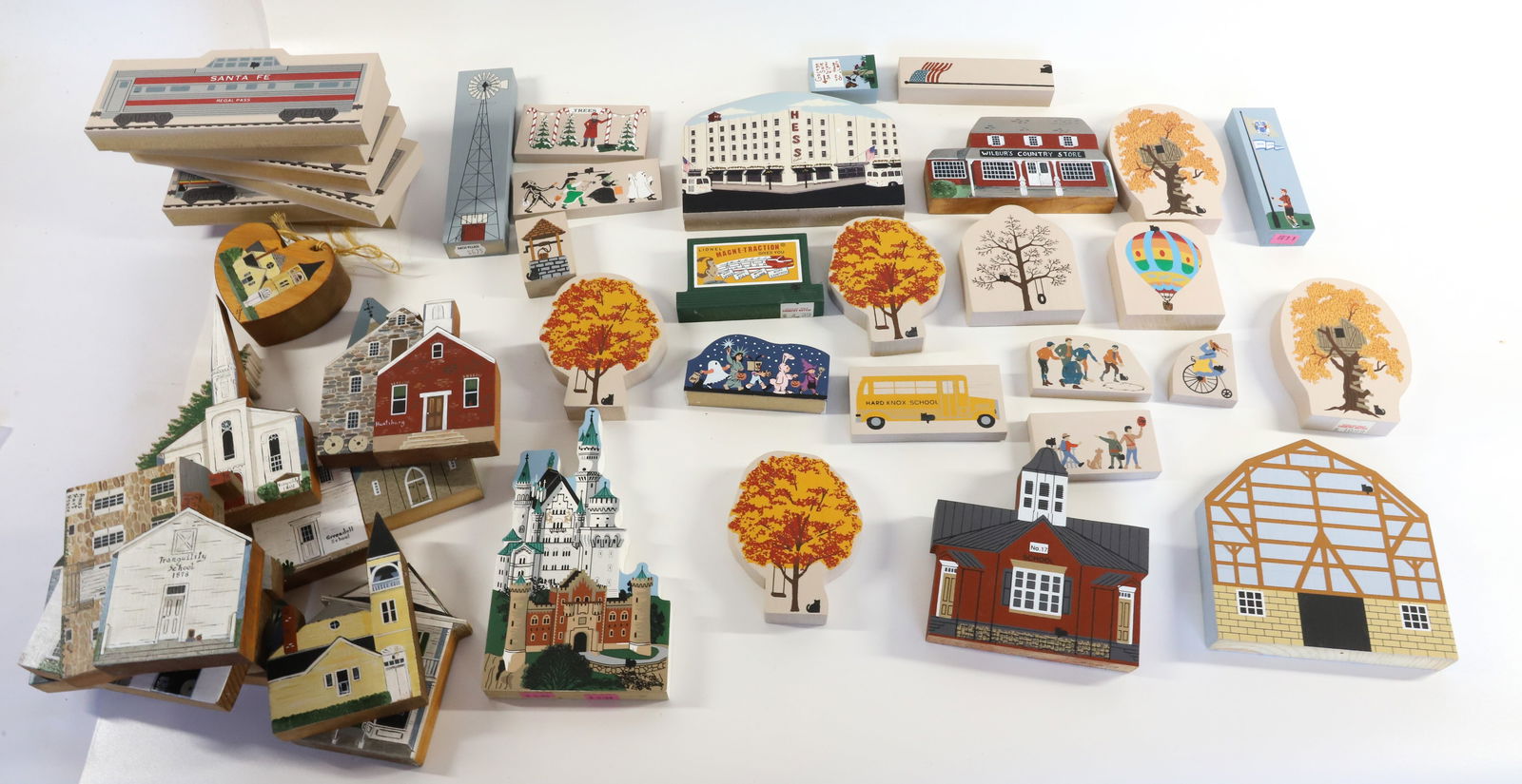 (2) BOXES OF WOODEN CUTOUT BUILDINGS: PAINTED BUILDINGS, TREES, TRAIN, AND MORE - SOME SIGNED; S. DORMAN Terms: PLEASE READ CAREFULLY -THIS IS AN ONLINE ONLY AUCTION. Terms for Purchasing and Shipping of Auction Items. Please read careful