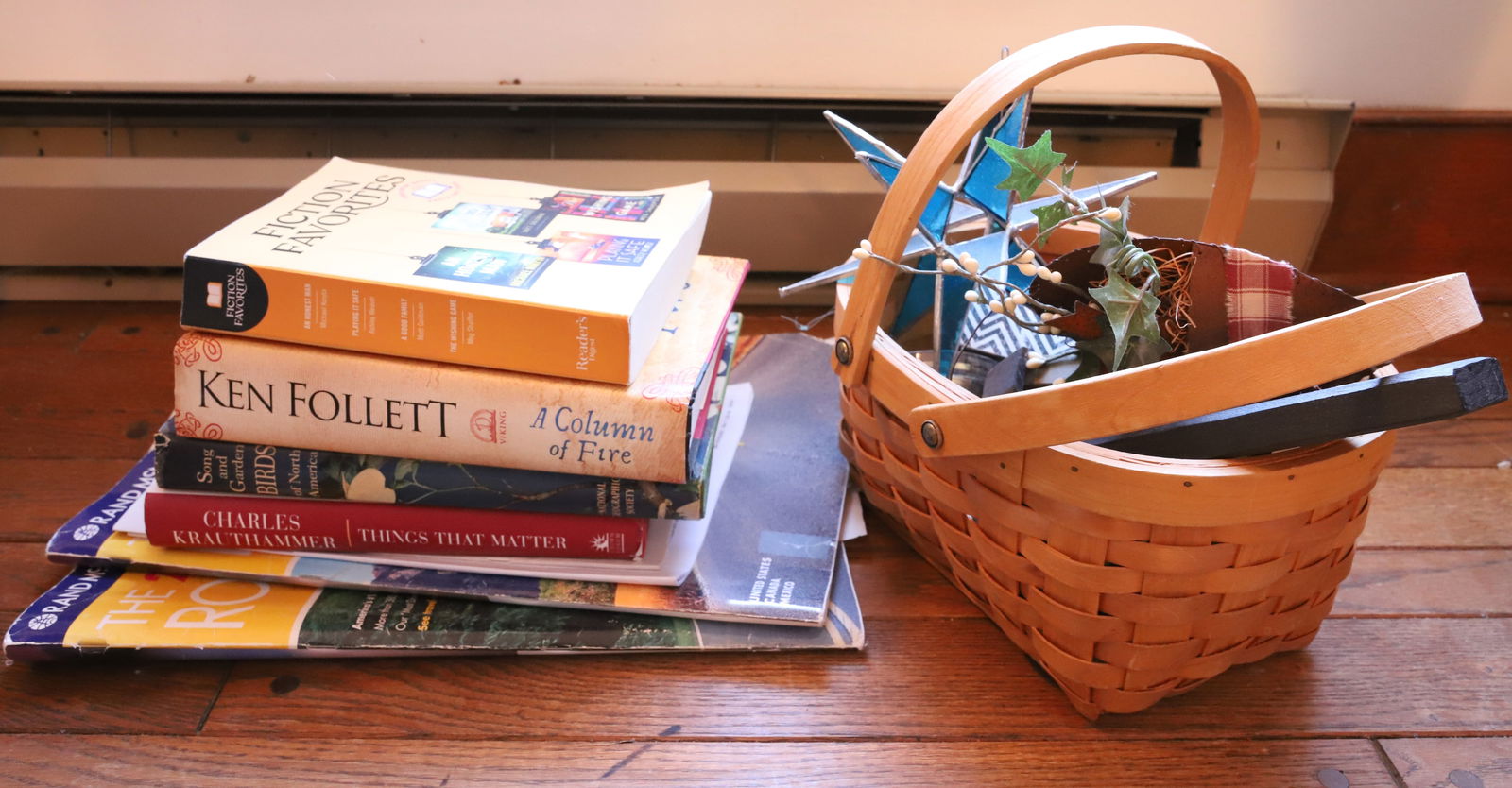 BASKET OF COUNTRY ITEMS AND ROAD MAPS (1 of 1)