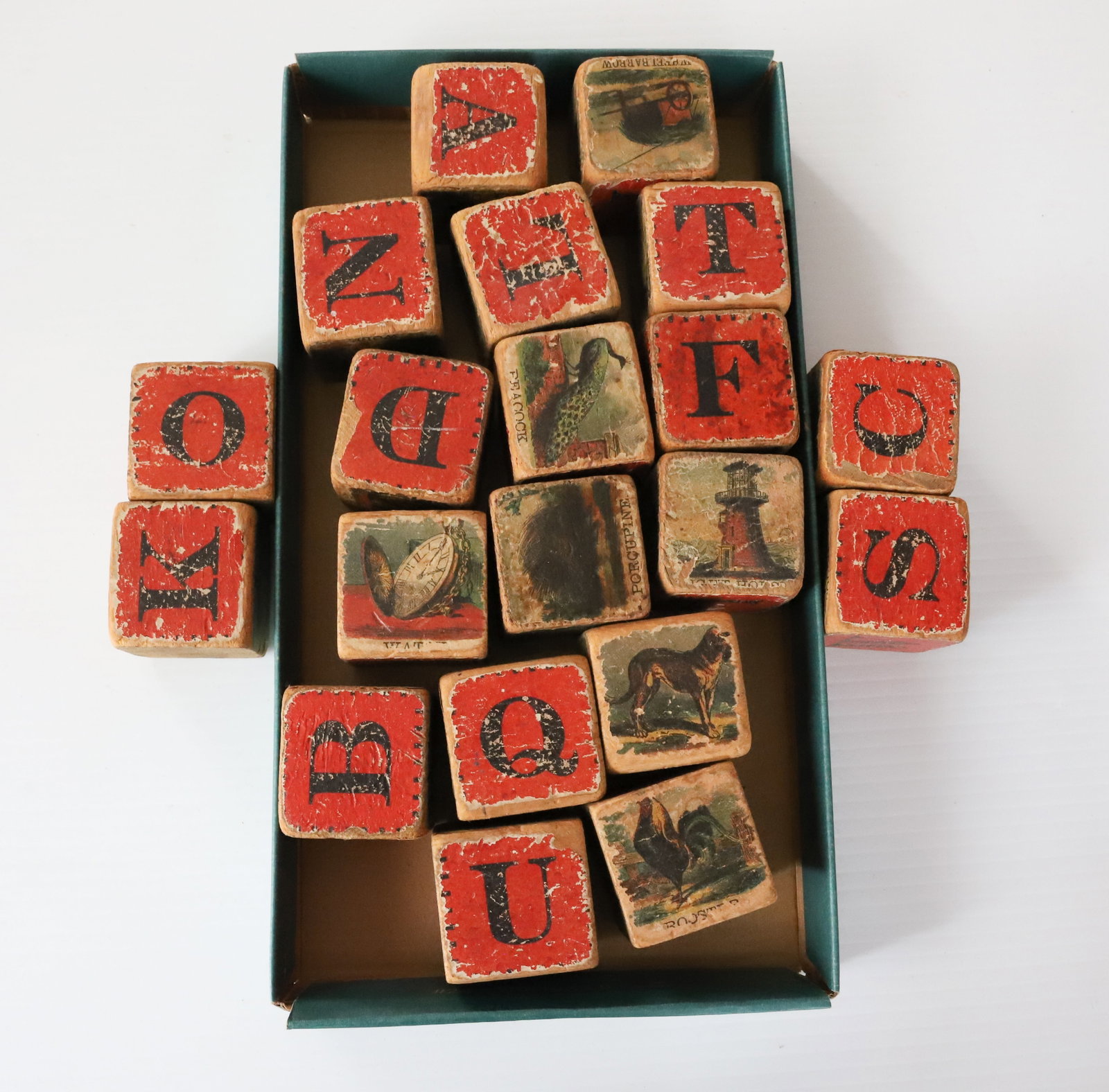 LOT OF ANTIQUE BLOCKS: WOODEN BLOCKS, SOME WITH PAPER LITHO - LETTERS AND ANIMALS Terms: PLEASE READ CAREFULLY -THIS IS AN ONLINE ONLY AUCTION. Terms for Purchasing and Shipping of Auction Items. Please read carefully befor