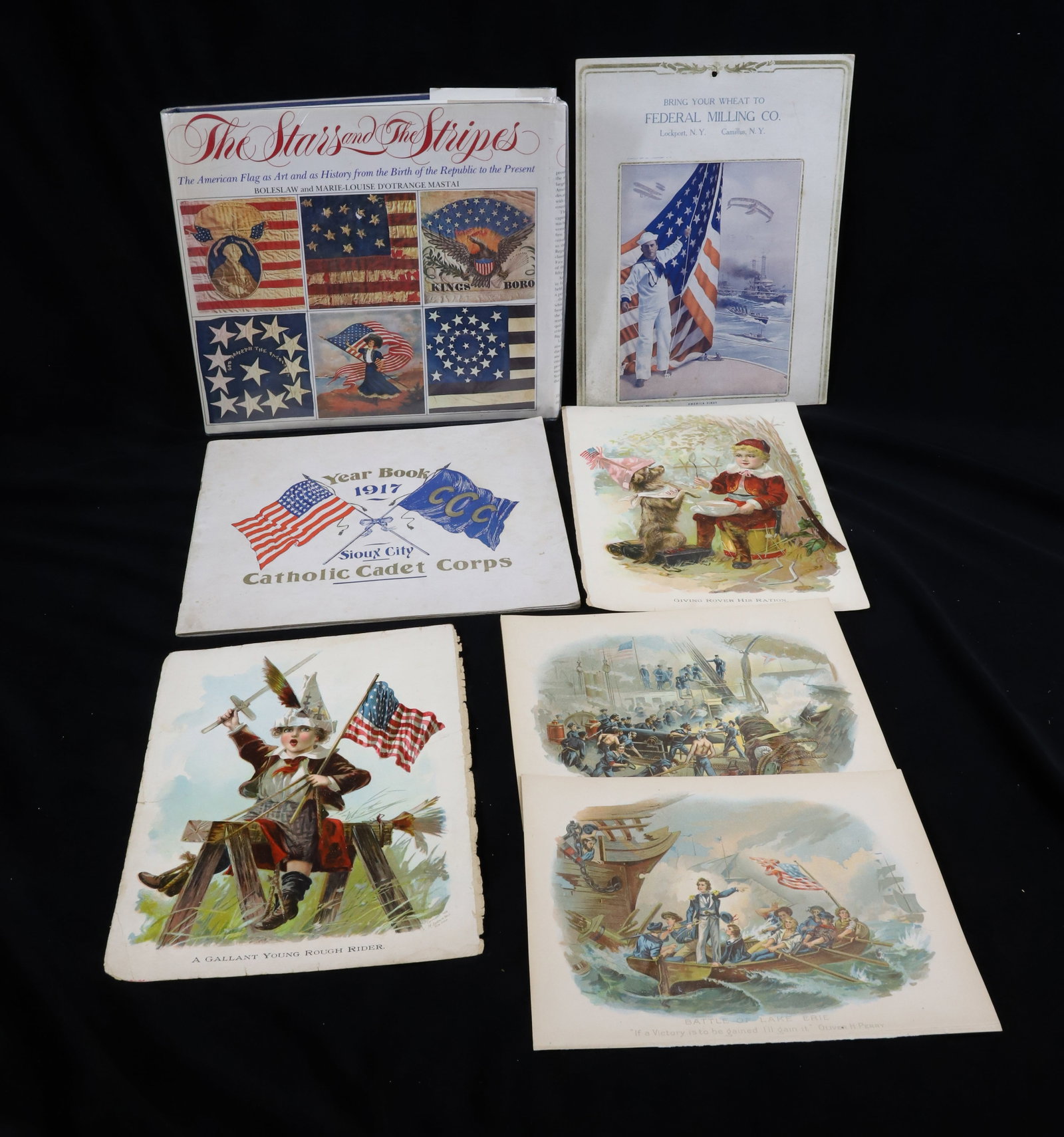 (8) PATRIOTIC ITEMS: THE STARS AND STRIPES COFFEE TABLE BOOK, CATHOLIC CADET YEAR BOOK 1917, FEDERAL MILLING CO HARD PAPER AD, FOUR SEPARATE ILLUSTRATED PAGES 11" X 12" BOOK Terms: PLEASE READ CAREFULLY -THIS IS AN ONLINE