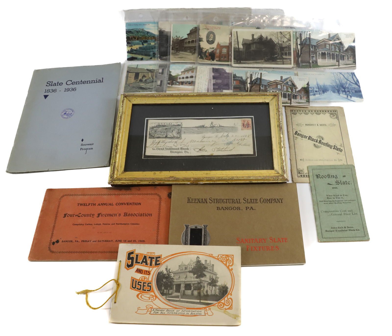 (55) BANGOR,PA EPHEMERA: RECEIPT FROM FIRST NATIONAL BANK, CENTENNIAL BOOK, SLATING BOOKS AND (49) POSTCARDS Terms: PLEASE READ CAREFULLY -THIS IS AN ONLINE ONLY AUCTION. AUTO-PAY WILL RUN IMMEDIATELY FOLLOWING THE AUCTION!!