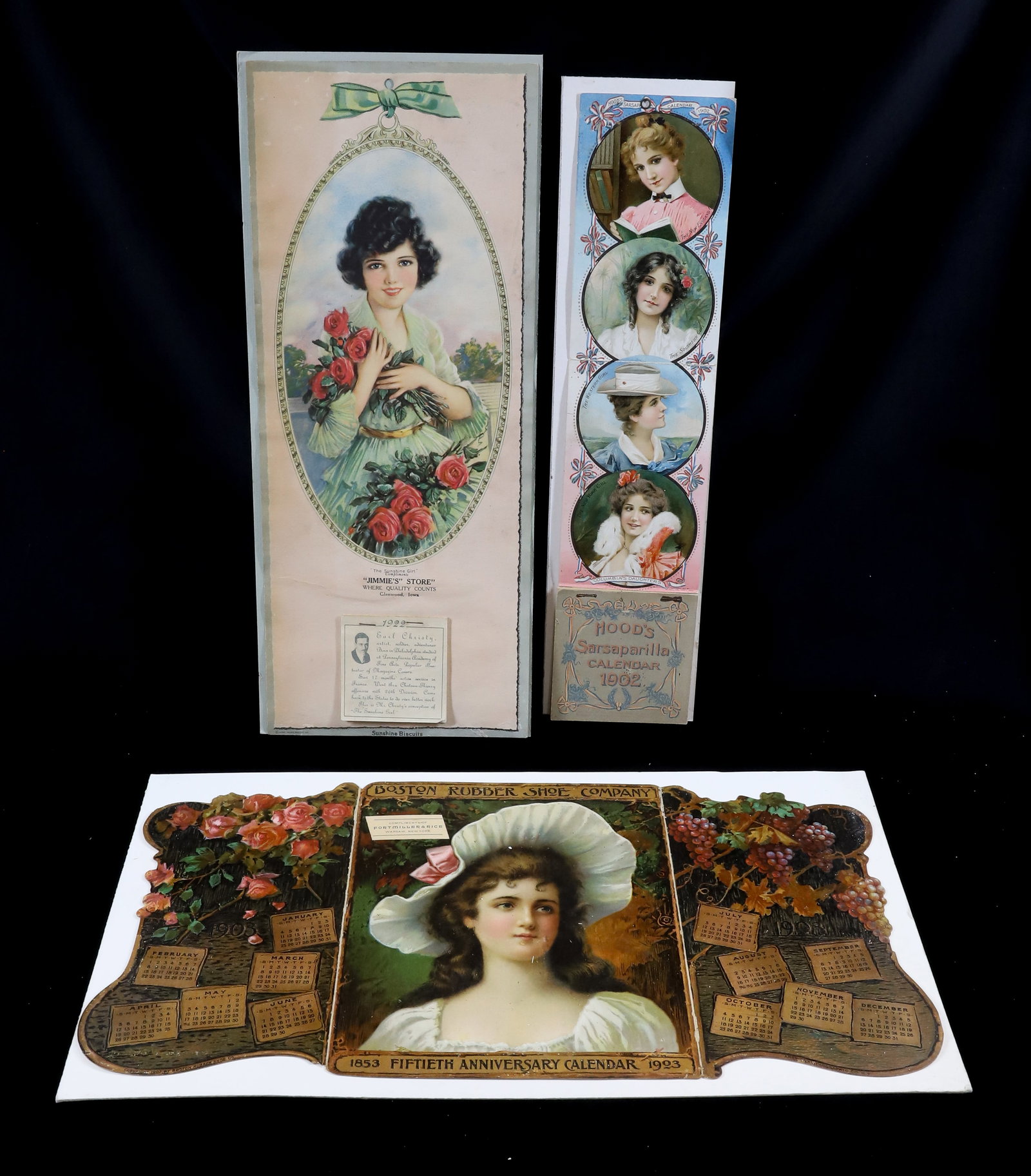 (3) ADVERTISING CALENDARS: 1902 HOOD'S SARSAPARILLA, EARL CHRISTYS' "THE SUNSHINE GIRL" 1922 AND 1853 BOSTON RUBBER SHOES 20" X 10" LARGEST Terms: PLEASE READ CAREFULLY -THIS IS AN ONLINE ONLY AUCTION. AUTO-PAY WILL RUN IMMEDIA