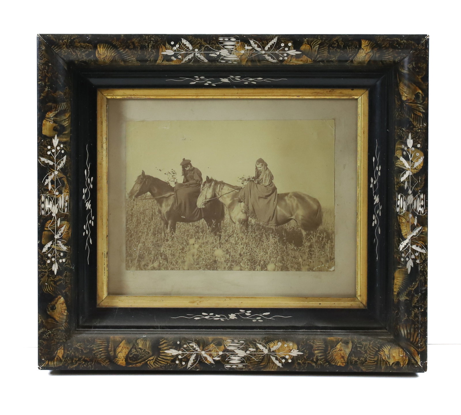 CABINET CARD HORSES: TWO YOUNG LADIES ON TWO HORSES WITH HATS LONG DRESSES IN VICTORIAN FRAME 13" X 14 3/4" Terms: PLEASE READ CAREFULLY -THIS IS AN ONLINE ONLY AUCTION. AUTO-PAY WILL RUN IMMEDIATELY FOLLOWING THE AUCTION