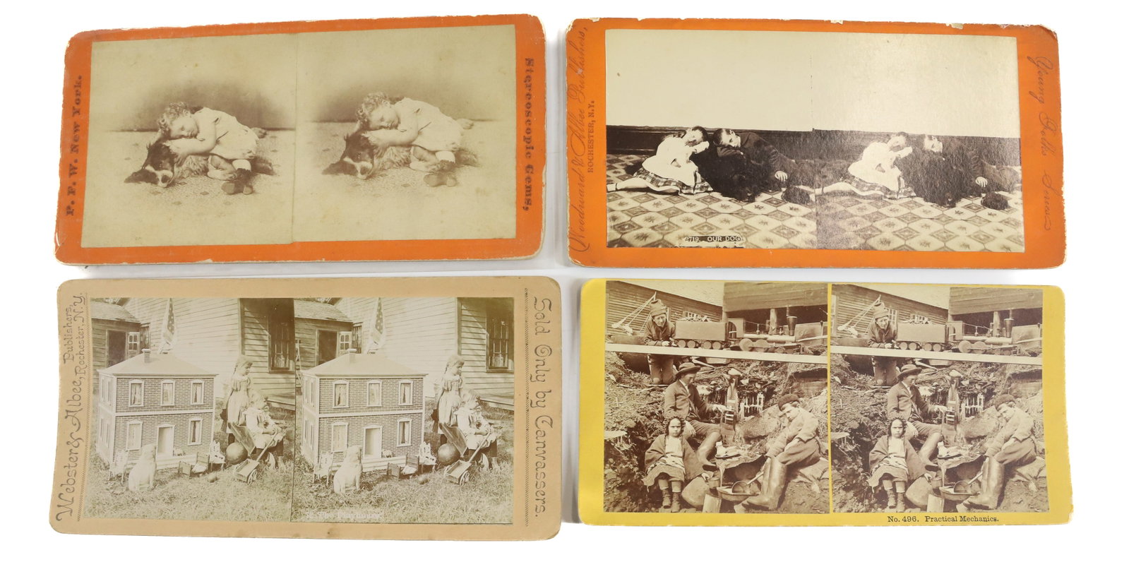 (4) STEREOVIEWS CHILDREN: TWO CHILDREN WITH BLACK DOG, CHILD WITH DOG, CHILDREN WITH TOY TRAIN OUTDOORS, DOLLHOUSE CHILDREN OUTDOORS 3 1/2" X 7" Terms: PLEASE READ CAREFULLY -THIS IS AN ONLINE ONLY AUCTION. AUTO-PAY WILL RUN I