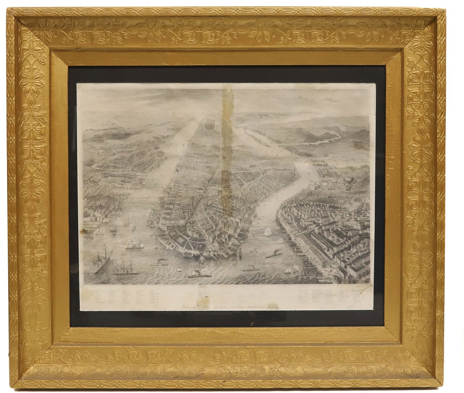 1867 BIRDS EYE VIEW OF NEW YORK CITY: SHOWING MANHATTAN 1867 H PETERS NYC ENGRAVED BY R.KUPFER NY 34" X 39" IN HEAVY WOOD GOLD PAINTED FRAME Terms: PLEASE READ CAREFULLY -THIS IS AN ONLINE ONLY AUCTION. AUTO-PAY WILL RUN IMMEDIATELY FOLLO