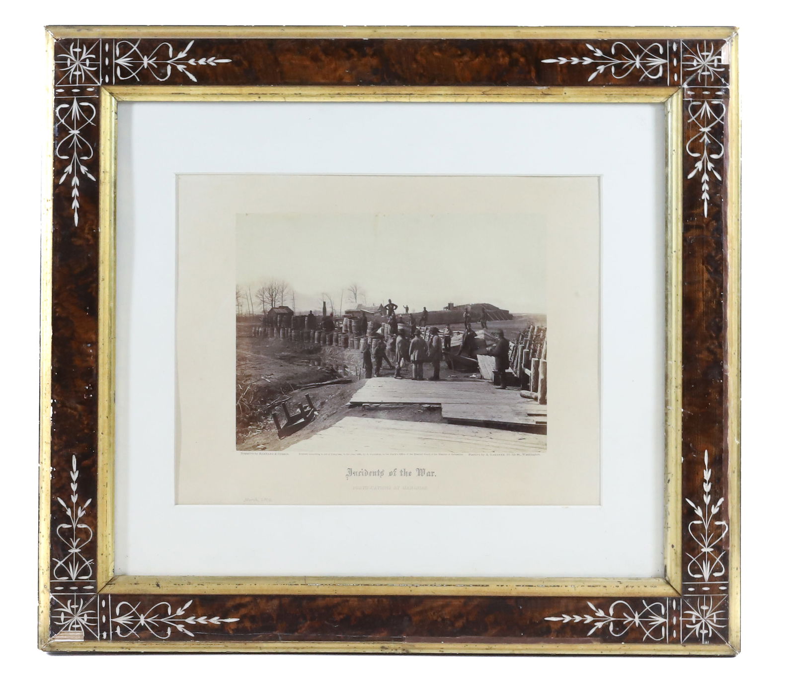 CABINET CARD "INCIDENTS OF THE WAR": FORTIFICATIONS OF MANASSAS NEGATIVE BY BARNARD & GIBSON POSITIVE BY A. GARDNER MARCH 1862 18" X 20" FRAMED IN VICTORIAN FRAME Terms: PLEASE READ CAREFULLY -THIS IS AN ONLINE ONLY AUCTION. AUTO-PAY WIL