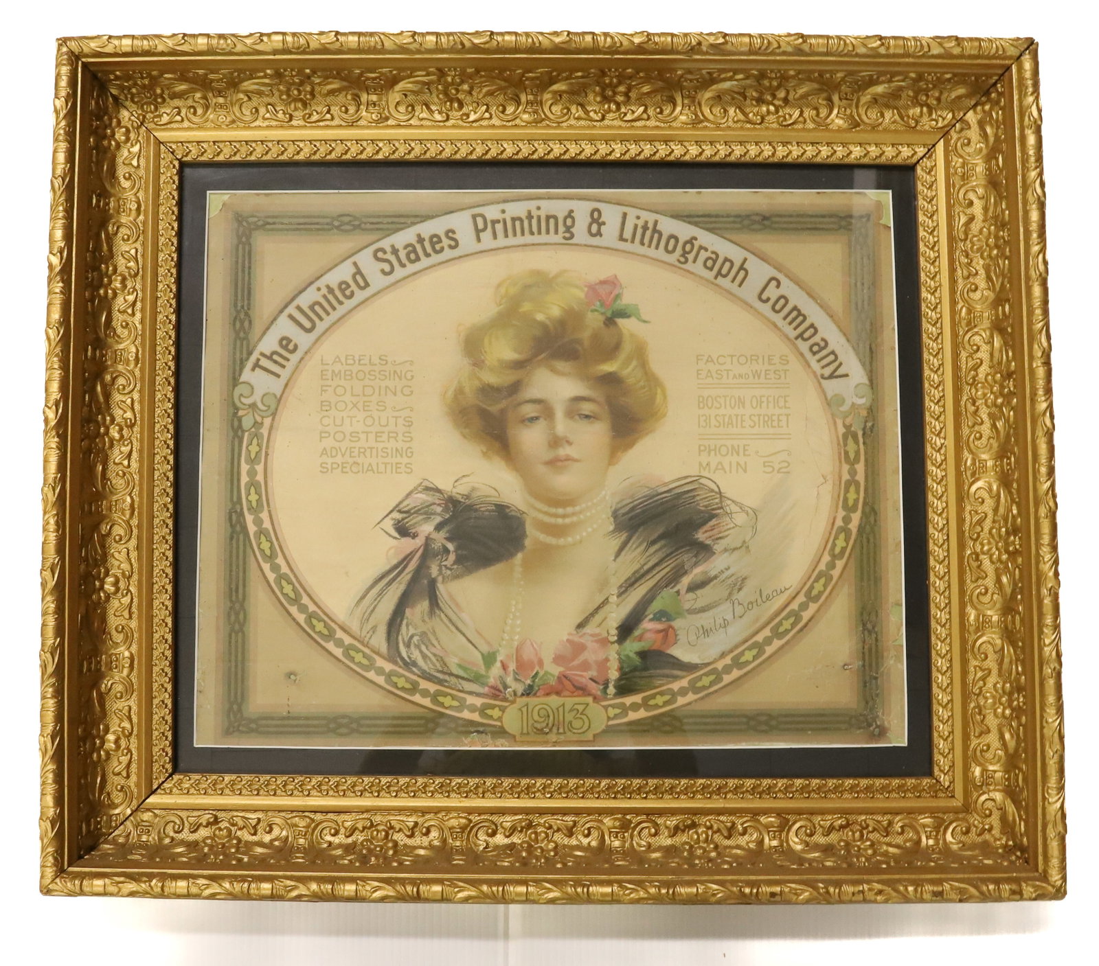 1913 LITHOGRAPH: THE UNITED STATES PRINTING & LITHOGRAPH CO. 1913 WITH PRETTY VICTORIAN LADY POSSIBLY CALENDAR TOP 24" X 27 1/2" FRAMED IN DEEP GESSO/GOLD PAINT FRAME Terms: PLEASE READ CAREFULLY -THIS IS AN ONLINE ON