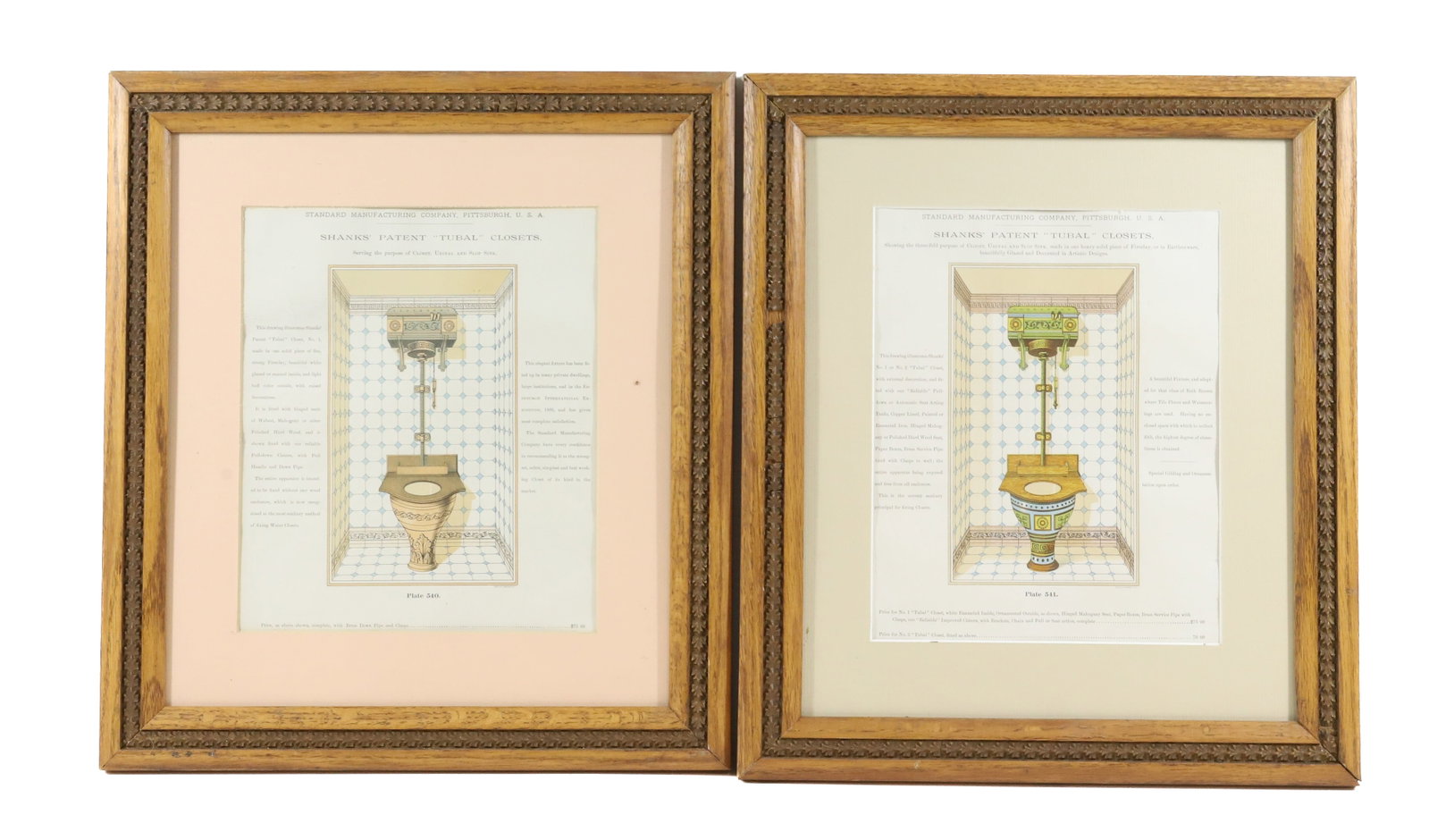 (2) LITHOGRAPHS TUBAL CLOSETS: STANDARD MANUFACTURING CO. PITTSBURGH PLATES 540 AND 541 ELEGANT TOILETS 16 3/4" X 15" FRAMED IN MATCHING OAK PERIOD FRAMES Terms: PLEASE READ CAREFULLY -THIS IS AN ONLINE ONLY AUCTION. AUTO-PAY WILL 