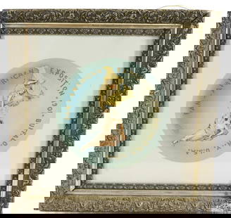 PAN-AMERICAN EXPO 1901: DESIGNED BY RAPHAEL BECK NORTH AND SOUTH HOLDING HANDS 17 1/2" X 17 1/2" FRAMED IN SILVER GESSO VICTORIAN FRAME. FRAMED TO HANG DIAGONALLY Terms: PLEASE READ CAREFULLY -THIS IS AN ONLINE ONLY AUCTION.