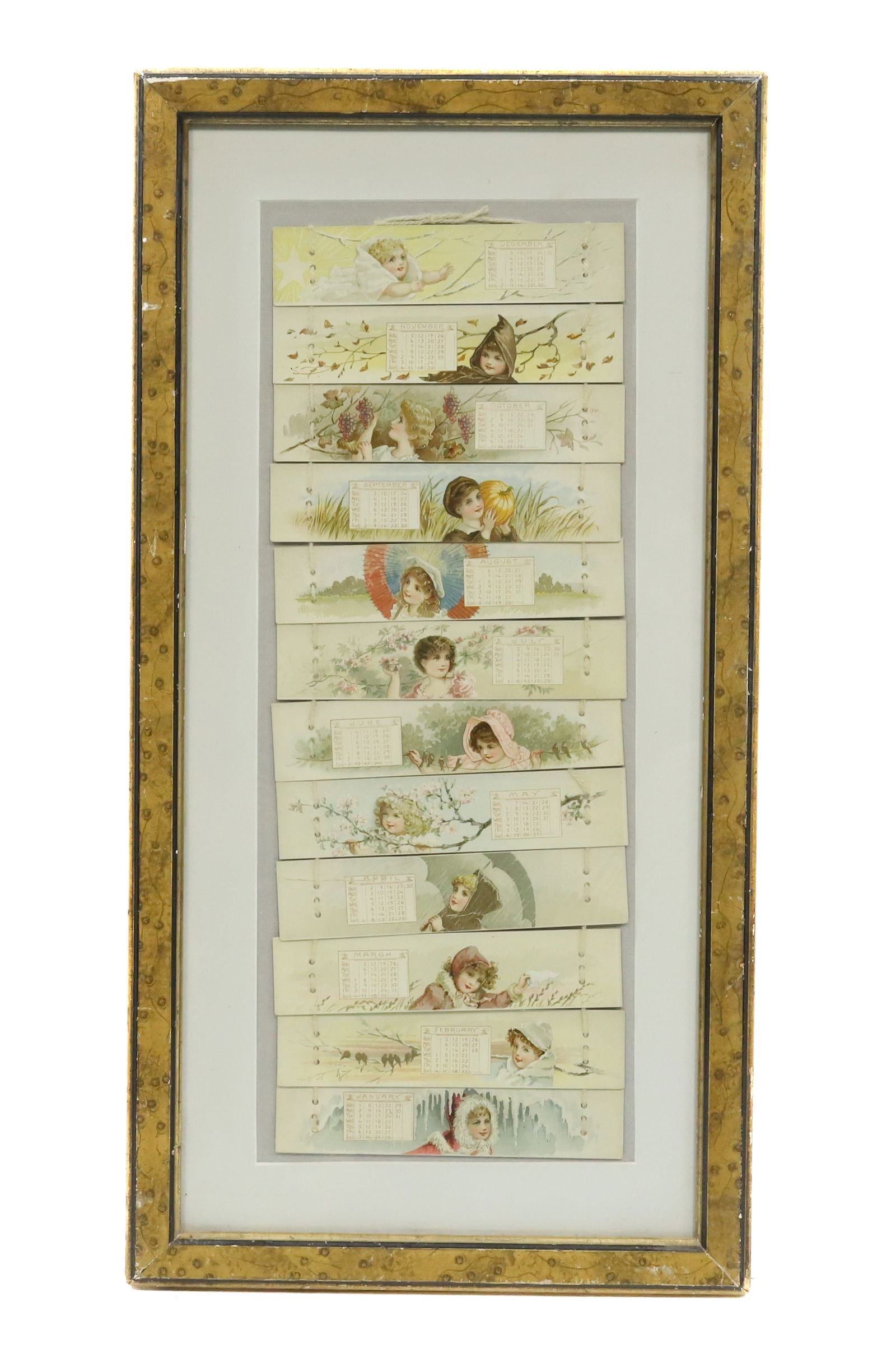 VICTORIAN CALENDER: EACH MONTH STRUNG TOGETHER WITH STRING FEATURING CHILDREN IN SEASONAL DRESS 24" X 12" Terms: PLEASE READ CAREFULLY -THIS IS AN ONLINE ONLY AUCTION. AUTO-PAY WILL RUN IMMEDIATELY FOLLOWING THE AUCTION!