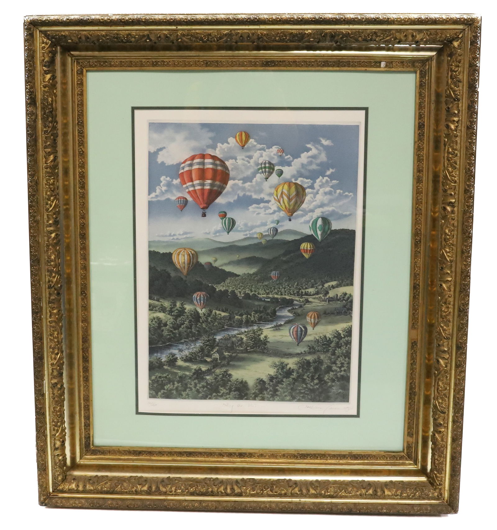 KATHLEEN CANTIR BALLOONS: HOT AIR BALLOONS "RIDING THE WIND" 56/260 SIGNED LOWER RIGHT 1985 37 1/2" X 32" FRAMED IN MAGNIFICENT GOLD LEAF DEEP VICTORIAN FRAME Terms: PLEASE READ CAREFULLY -THIS IS AN ONLINE ONLY AUCTION. AUTO-