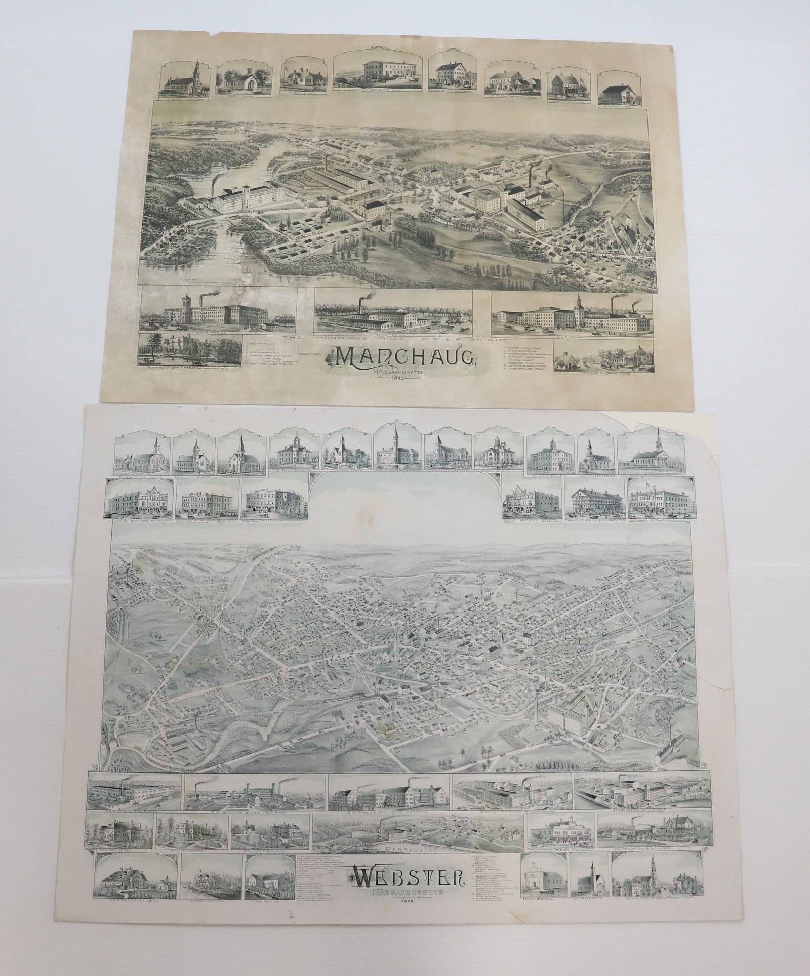 (2) 19TH C. MASSACHUSETTS BIRDS-EYE-VIEWS: INCLUDING: MANCHAUG MILLS, MANCHAUG, MASSACHUSETTS, 1891. O.H. BAILEY & CO. 20" X 27 1/2". WEBSTER, MASSACHUSETTS, 1892. O.H. BAILEY & CO. 22 1/4" X 29 1/4". Terms: PLEASE READ CAREFULLY -THIS IS AN O