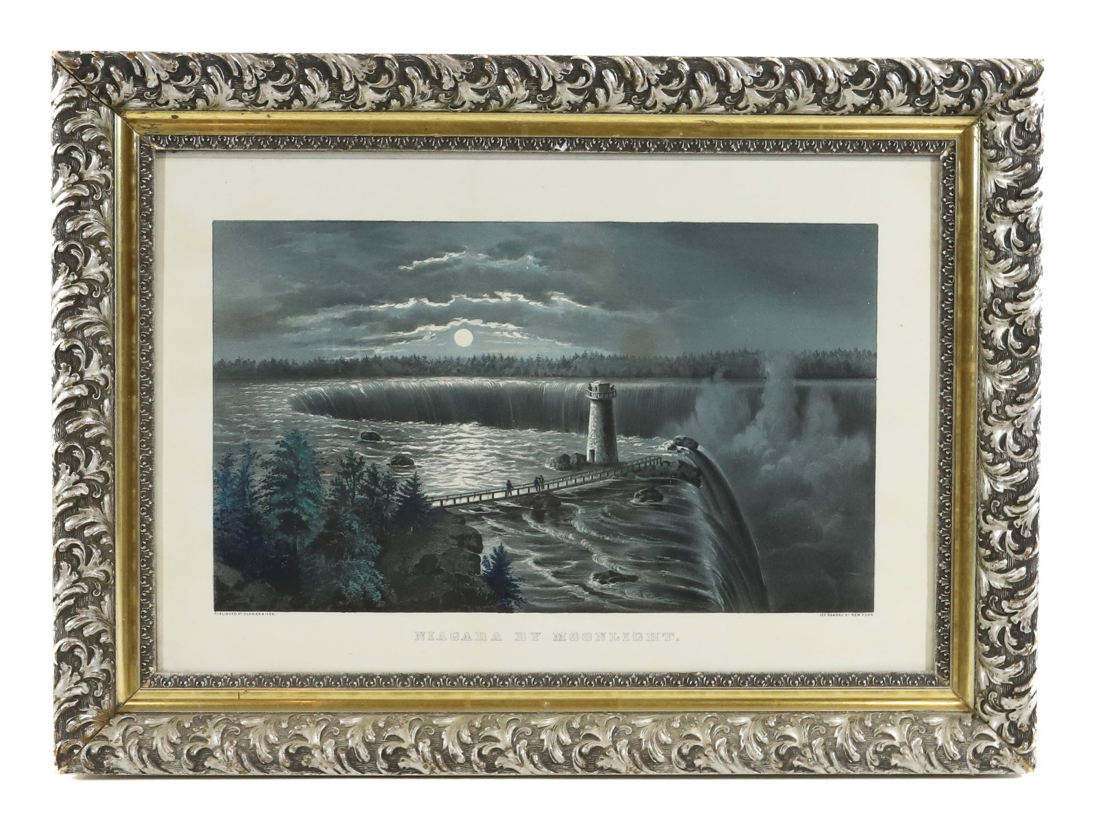 NIAGARA BY MOONLIGHT, CURRIER & IVES: PUBLISHED BY CURRIER & IVES, 152 NASSAU ST. NEW YORK. FRAMED UNDER GLASS. SIGHT VIEW 12 1/4" X 18 1/2". Terms: PLEASE READ CAREFULLY -THIS IS AN ONLINE ONLY AUCTION. AUTO-PAY WILL RUN IMMEDIATELY FOLL