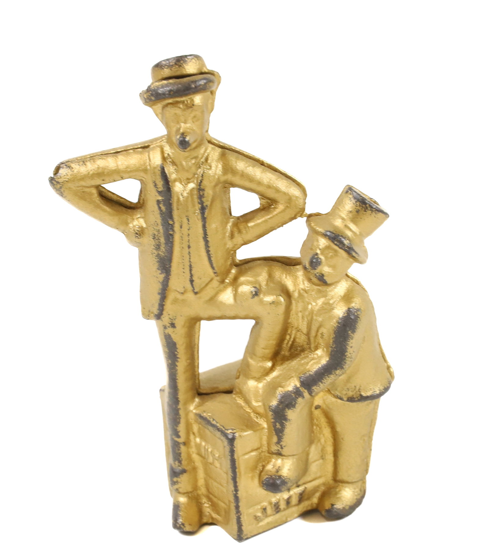 CAST IRON STILL BANK: MUTT AND JEFF IN ORIGINAL GOLD PAINT 5" X 3 1/4" PLEASE READ CAREFULLY -THIS IS AN ONLINE ONLY AUCTION. WE WILL BE TAKING ABSENTEE AND PHONE BIDS ALSO. Terms for Purchasing and Shipping of Auction Ite