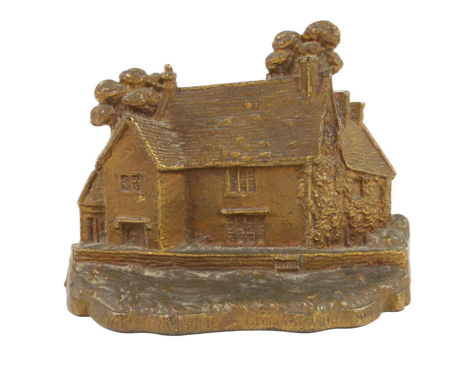 CAST IRON DOORSTOP: ANCESTRAL HOME OF GEORGE WASHINGTON ORIGINAL GOLD PAINT 4 1/2" X 5 1/4" PLEASE READ CAREFULLY -THIS IS AN ONLINE ONLY AUCTION. WE WILL BE TAKING ABSENTEE AND PHONE BIDS ALSO. Terms for Purchasing and