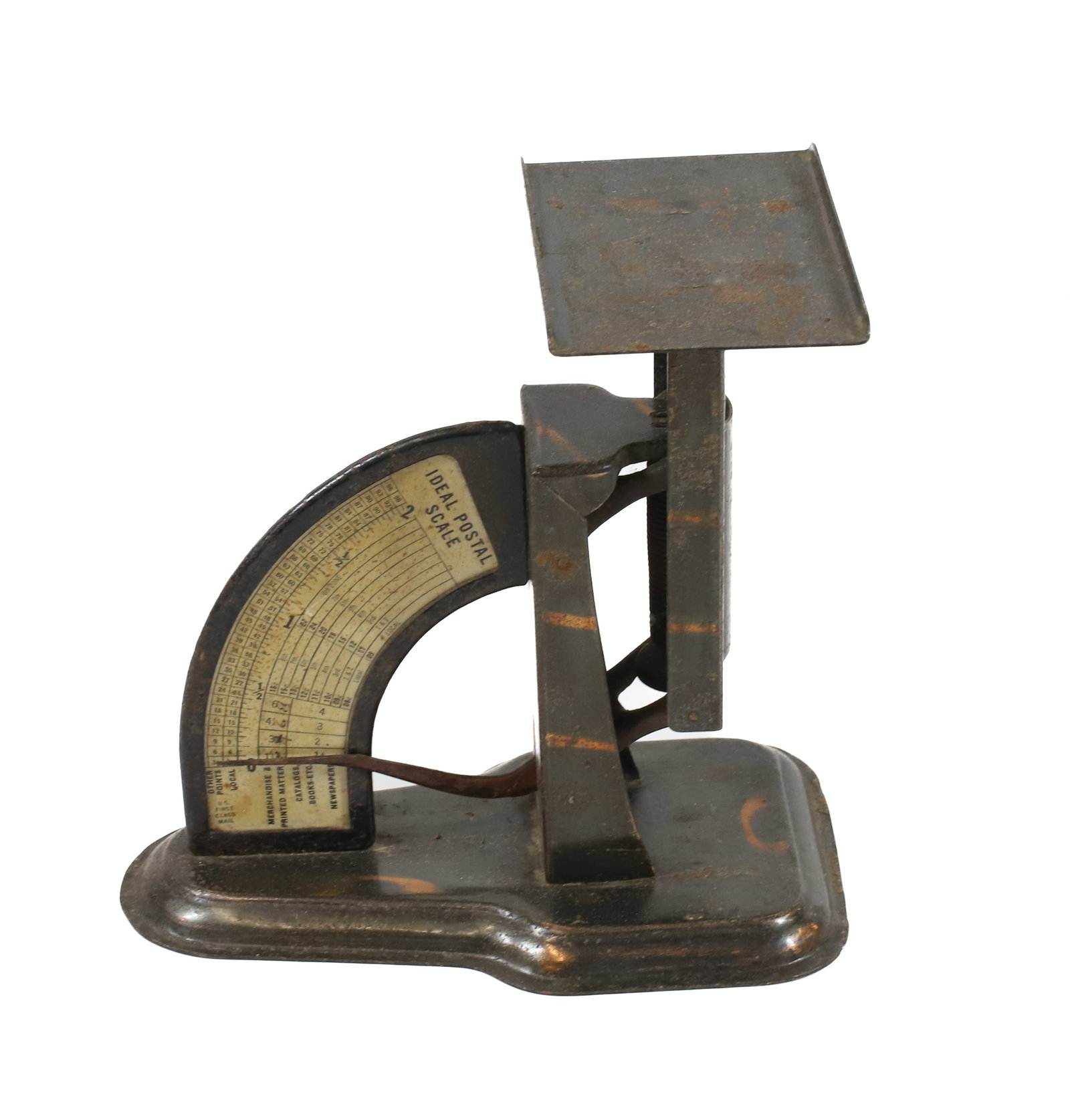 IDEAL POSTAL SCALE: METAL WITH JAPANNED FINISH. 6 1/2" H. PLEASE READ CAREFULLY -THIS IS AN ONLINE ONLY AUCTION. WE WILL BE TAKING ABSENTEE AND PHONE BIDS ALSO. Terms for Purchasing and Shipping of Auction Items. Please 