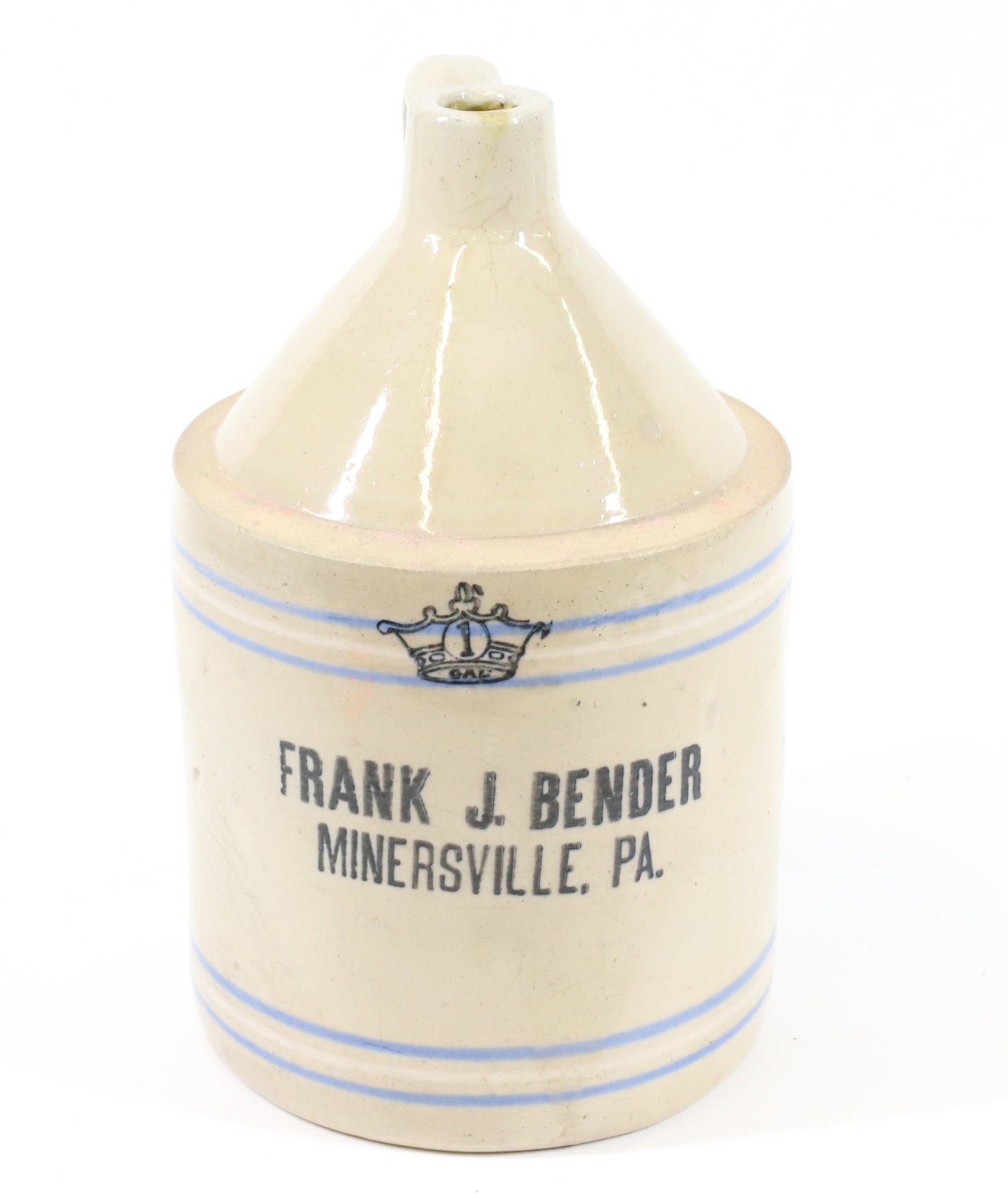MINERSVILLE, PA ADVERTISING JUG: FRANK J. BENDER ONE GALLON JUG WITH BANDING. 11 1/2" H. PLEASE READ CAREFULLY -THIS IS AN ONLINE ONLY AUCTION. WE WILL BE TAKING ABSENTEE AND PHONE BIDS ALSO. Terms for Purchasing and Shipping of Auct