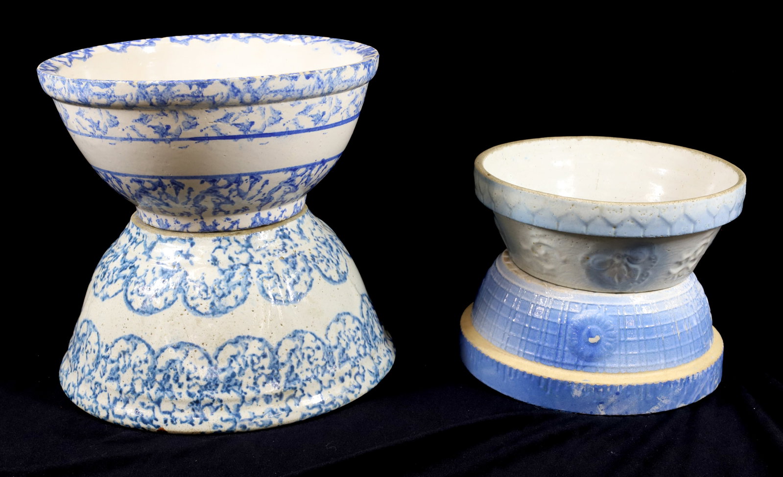 LOT OF STONEWARE BOWLS: INCLUDING: TWO LOW BOWLS WITH FLORAL DECORATION ( 9 1/4" AND 9 1/2" DIAMETERS) WITH TWO SPONGEWARE MIXING BOWLS. 11 1/4" AND 12" DIAMETERS. PLEASE READ CAREFULLY -THIS IS AN ONLINE ONLY AUCTION. WE WI