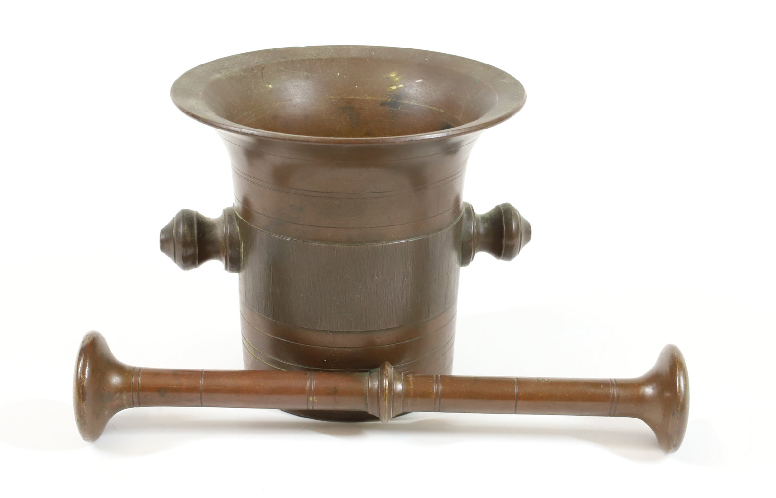 BRASS MORTAR AND PESTLE: 5" X 5 3/4". PESTLE 9 1/2" L. PLEASE READ CAREFULLY -THIS IS AN ONLINE ONLY AUCTION. WE WILL BE TAKING ABSENTEE AND PHONE BIDS ALSO. Terms for Purchasing and Shipping of Auction Items. Please read car