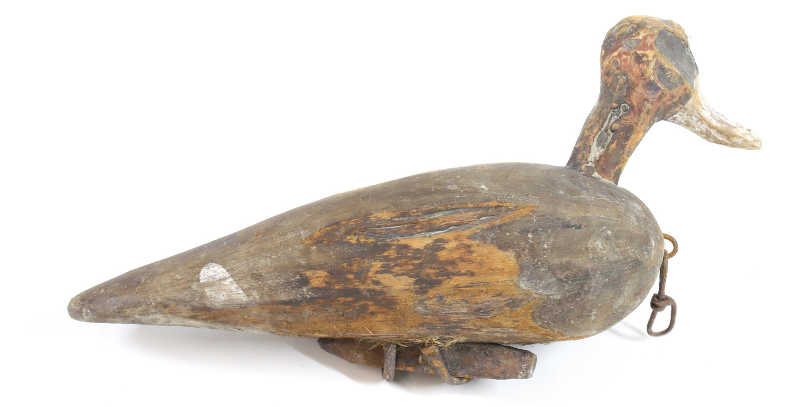 FOLK ART WOODEN DUCK DECOY: PAINTED SURFACE WITH IRON WEIGHT ON BOTTOM. 13" L. PLEASE READ CAREFULLY -THIS IS AN ONLINE ONLY AUCTION. WE WILL BE TAKING ABSENTEE AND PHONE BIDS ALSO. Terms for Purchasing and Shipping of Auction I