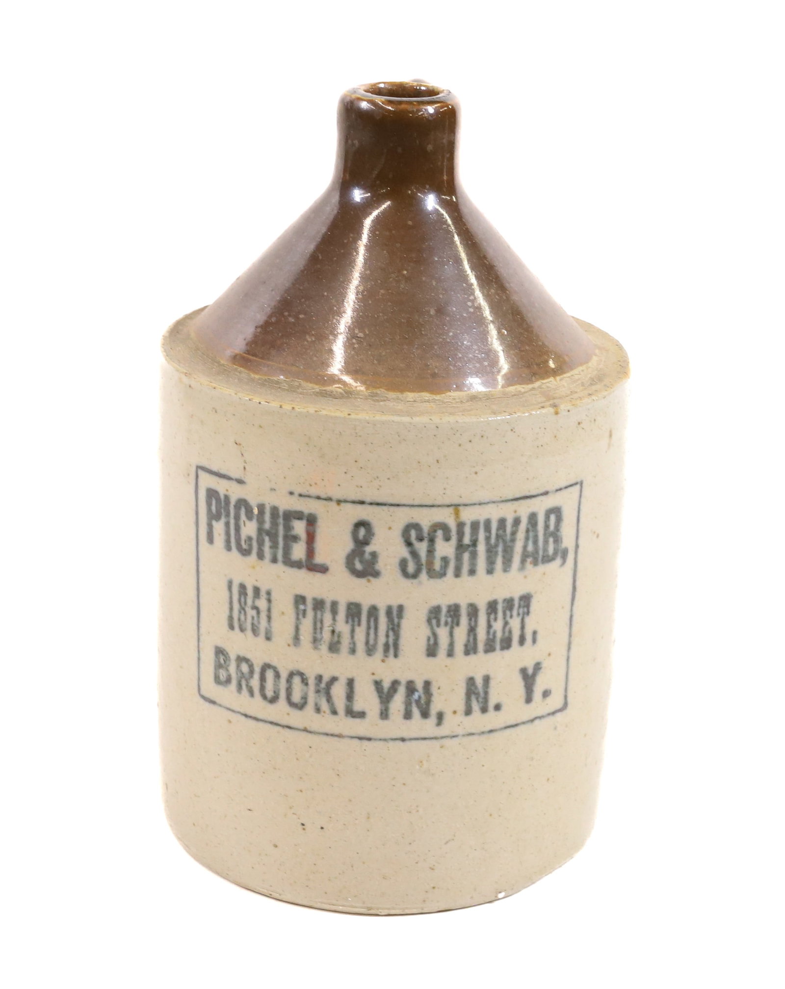 BROOKLYN, NY ADVERTISING JUG: PICHEL & SCHWAB. 9" H. PLEASE READ CAREFULLY -THIS IS AN ONLINE ONLY AUCTION. WE WILL BE TAKING ABSENTEE AND PHONE BIDS ALSO. Terms for Purchasing and Shipping of Auction Items. Please read carefully 