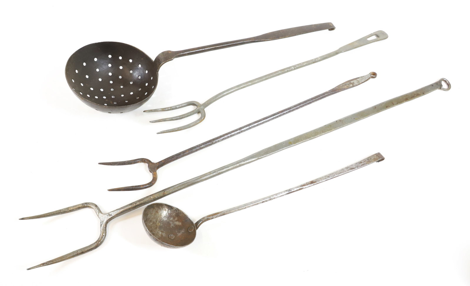LOT OF WROUGHT IRON UTENSILS: THREE FLESH FORKS (LARGEST 26 1/2" L.) , DIPPER AND STRAINER. PLEASE READ CAREFULLY -THIS IS AN ONLINE ONLY AUCTION. WE WILL BE TAKING ABSENTEE AND PHONE BIDS ALSO. Terms for Purchasing and Shipping o