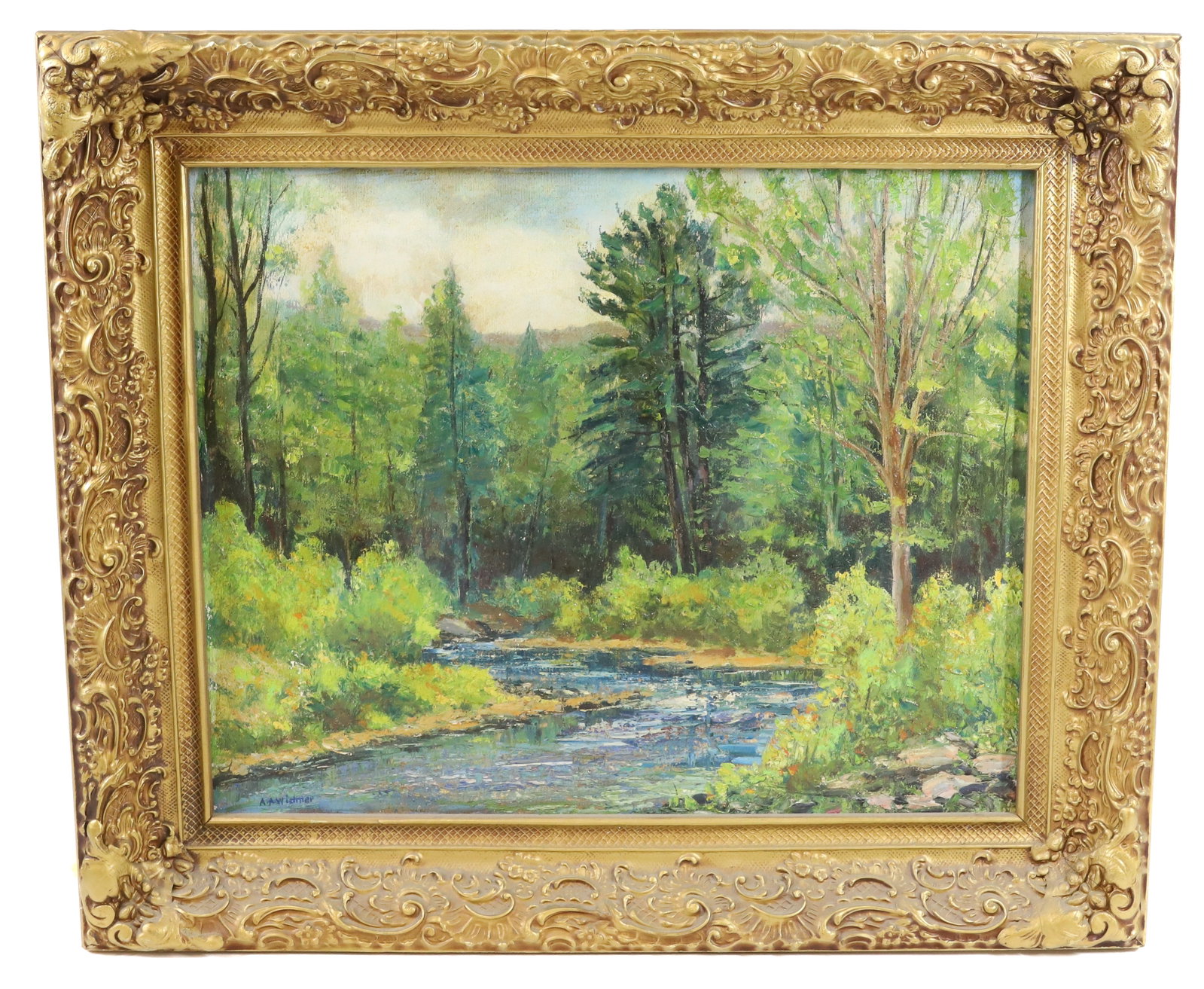 A.A. WIDMER OIL ON CANVAS: FOREST SCENE WITH CREEK RUNNING THROUGH. SGND. BOTTOM LEFT. FRAMED. 21 1/2" X 25 1/2". PLEASE READ CAREFULLY -THIS IS AN ONLINE ONLY AUCTION. WE WILL BE TAKING ABSENTEE AND PHONE BIDS ALSO. Terms for 