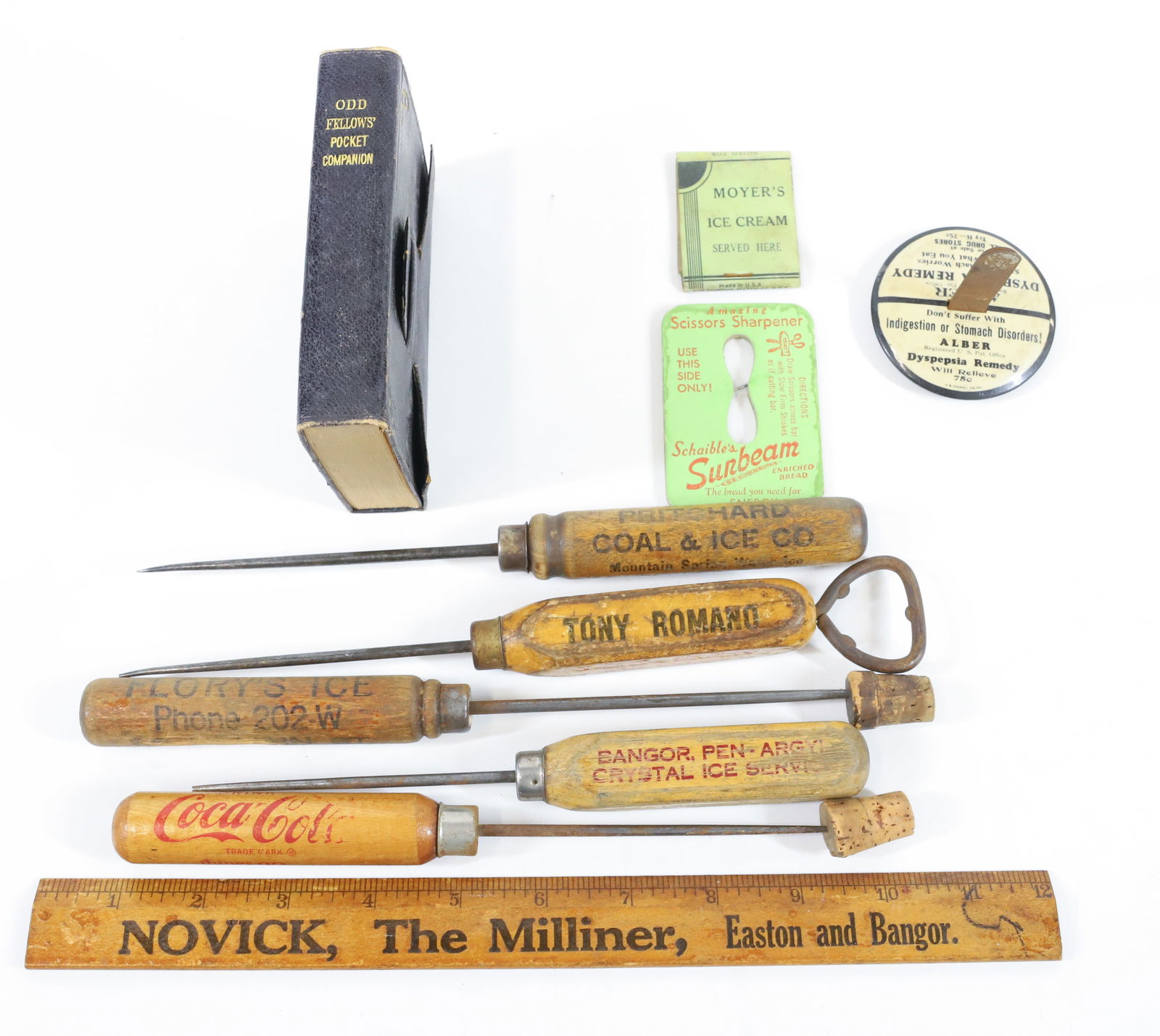 LOT OF ADVERTISING ITEMS: INCLUDING: ICE PICKS (COCA-COLA, CRYSTAL ICE, TONY ROMANO (BETHLEHEM), FLORY'S ICE, NOVICK RULER, 1857 ODD FELLOWS BOOK AND MORE. PLEASE READ CAREFULLY -THIS IS AN ONLINE ONLY AUCTION. WE WILL BE TAKI
