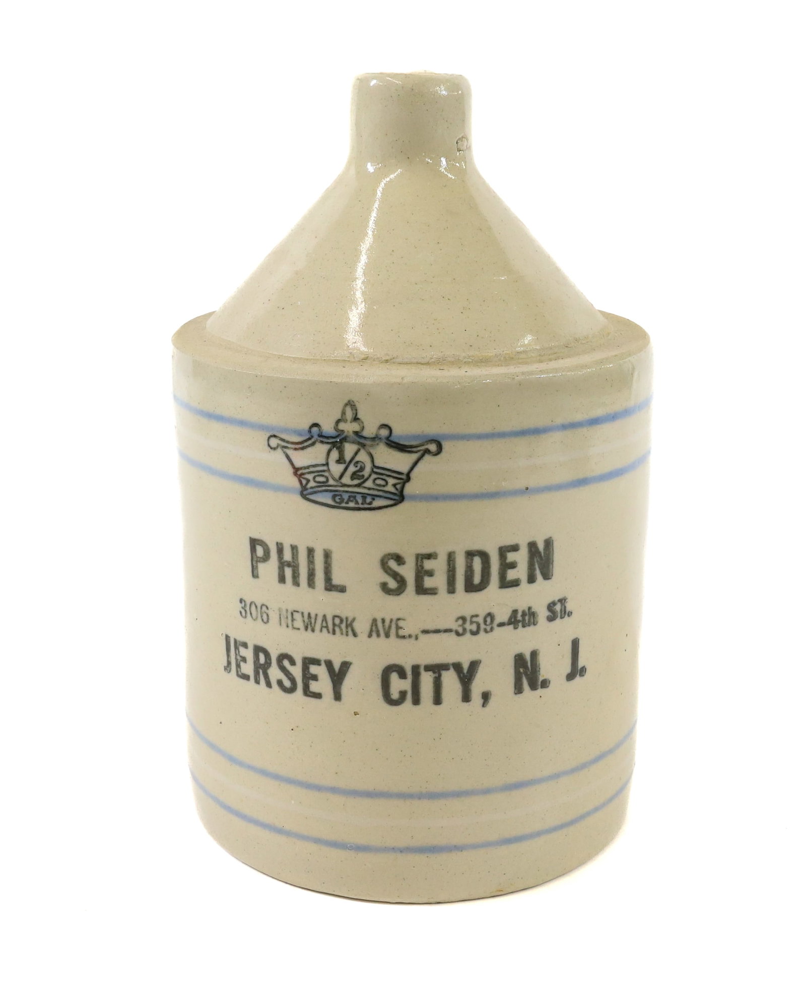 JERSEY CITY, NJ ADVERTISING STONEWARE JUG: PHIL SEIDEN, NEWARK AVE. BLUE/WHITE BANDING. 9" H. PLEASE READ CAREFULLY -THIS IS AN ONLINE ONLY AUCTION. WE WILL BE TAKING ABSENTEE AND PHONE BIDS ALSO. Terms for Purchasing and Shipping of Auction I