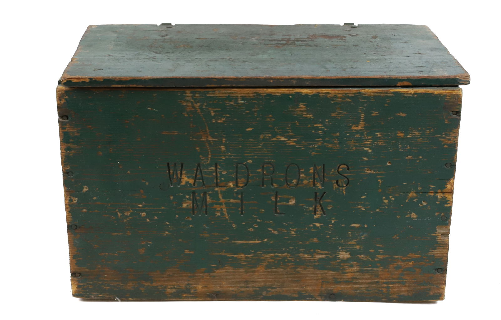 WALDRON'S MILK BOX: GREEN PAINTED LIDDED BOX. 11 1/2" X 18" X 9". PLEASE READ CAREFULLY -THIS IS AN ONLINE ONLY AUCTION. WE WILL BE TAKING ABSENTEE AND PHONE BIDS ALSO. Terms for Purchasing and Shipping of Auction Items.