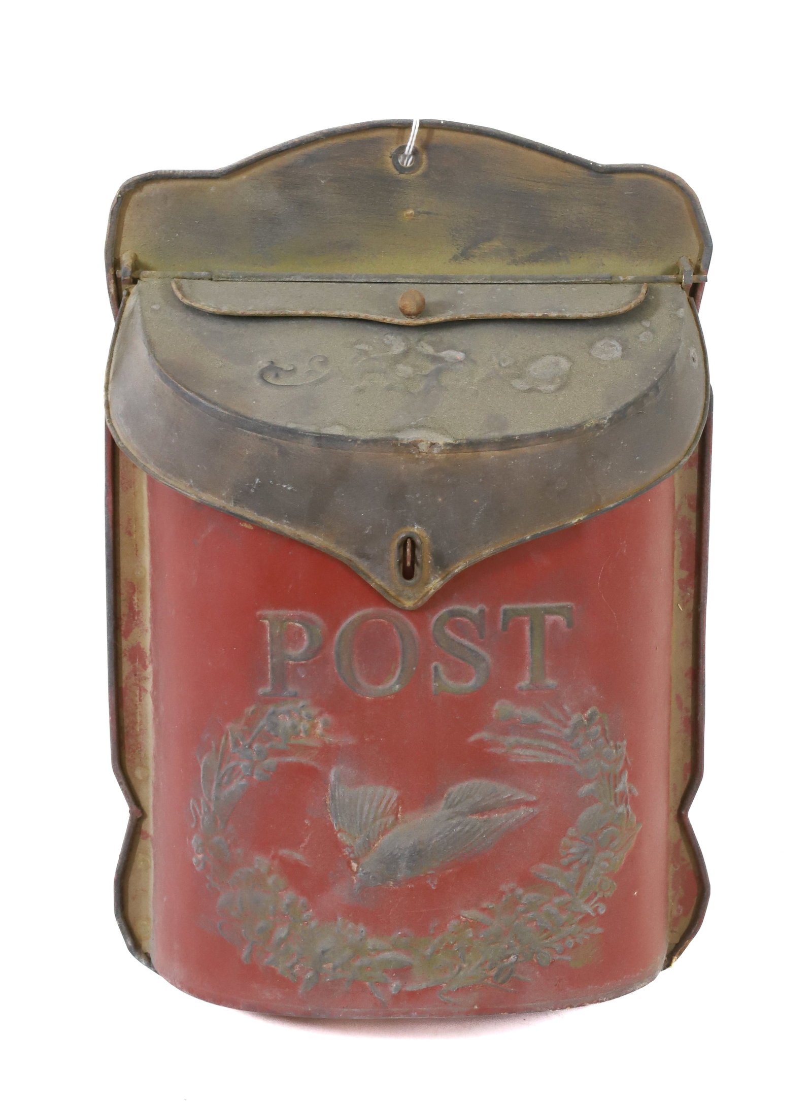 PRESSED METAL MAILBOX: PAINTED METAL MRKD. "POST" WITH FLYING BIRD OVER WREATH. 15 1/2" L. PLEASE READ CAREFULLY -THIS IS AN ONLINE ONLY AUCTION. WE WILL BE TAKING ABSENTEE AND PHONE BIDS ALSO. Terms for Purchasing and Ship
