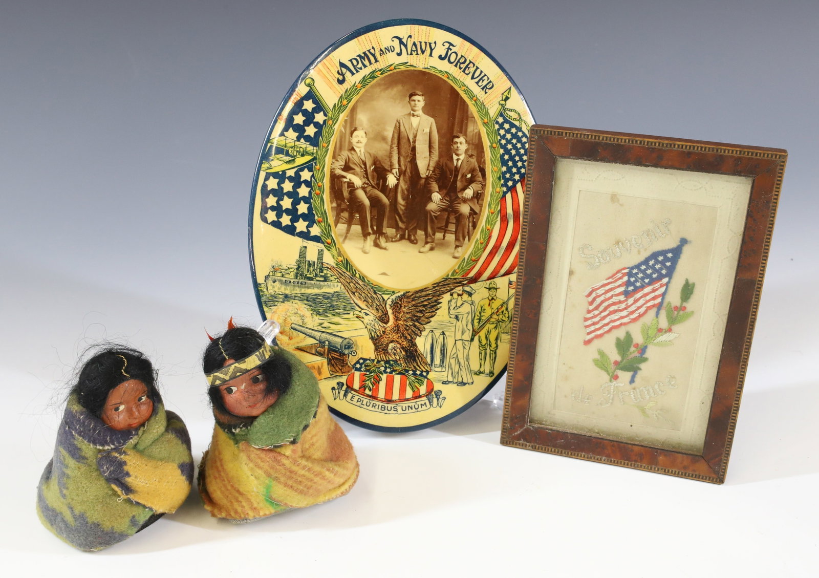 (2) SKOOKUM DOLLS AND PATRIOTIC ITEMS: SKOOKUMS ARE 3 1/2" H. ARMY AND NAVY FOREVER 7 3/4". FRAMED SOUVENIR OF FRANCE WITH AMERICAN FLAG. PLEASE READ CAREFULLY - Terms for Purchasing and Shipping of Auction Items. Please read carefully bef