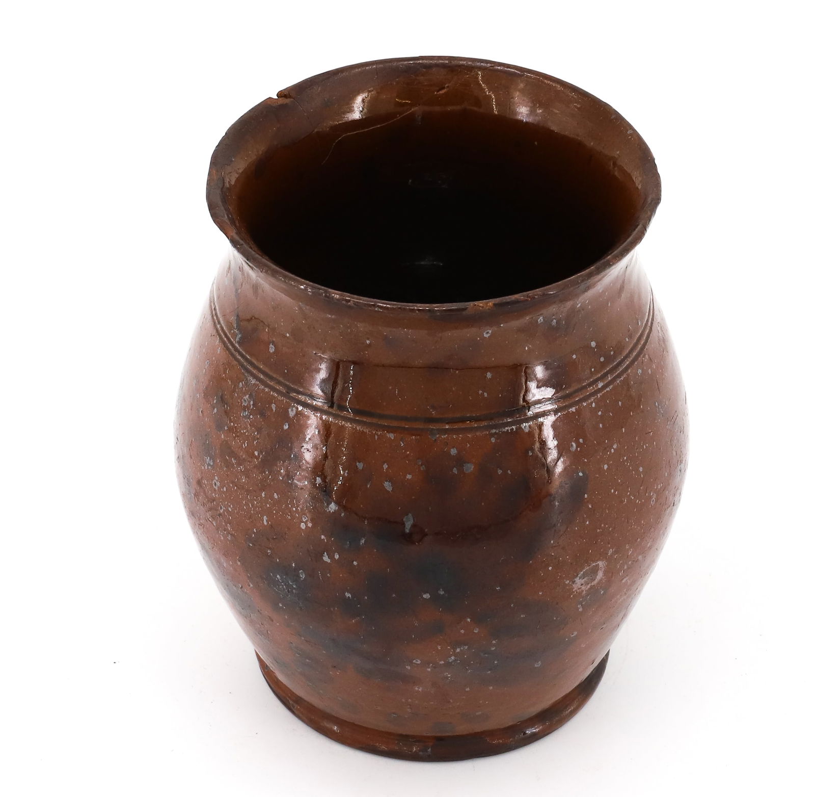 REDWARE DECORATED JAR: BROWN GLAZE WITH MANGANESE DECORATION. FLARED LIP AND INCISED LINE. 5 3/8" H. PLEASE READ CAREFULLY - Terms for Purchasing and Shipping of Auction Items. Please read carefully before bidding. All paym
